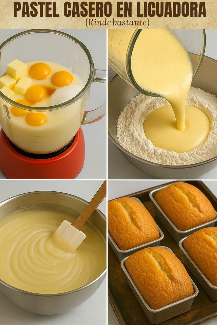 PASTEL CASERO EN LICUADORA

Rinde bastante

Esta es una de esas recetas que nunca fallan: práctica, rápida y con un sabor increíble.

Ingredientes:

5 huevos
65 g de mantequilla suave a temperatura ambiente
450 ml de leche también a temperatura ambiente
306 g de azúcar refinada
150 ml de aceite vegetal
1 cucharada de vainilla líquida
350 g de harina de trigo común
70 g de maicena
15 g de polvo para hornear

Preparación:

1. Coloca en la licuadora los huevos, la mantequilla, la leche, el azúcar, el aceite y la vainilla.
2. Licúa todo por unos 3 minutos hasta que quede una mezcla homogénea y aparta.
3. En un tazón, combina la harina, la maicena y el polvo para hornear, mezclando bien durante un minuto.
4. Vierte la preparación líquida sobre los ingredientes secos y revuelve hasta que todo quede perfectamente integrado.
5. Reparte la masa en 4 moldes rectangulares de 14 x 8.5 x 6 cm, previamente engrasados y enharinados.
6. Hornea en horno precalentado a 180 C durante unos 25 minutos, o hasta que al insertar un palillo en el centro, este salga limpio.
7. Deja enfriar un poco, pasa una espátula por las orillas y desmolda con facilidad.

 Obtendrás un pan suave, doradito y con auténtico sabor casero, hecho en licuadora!

#recetas #LICUADORA #fblifestyle