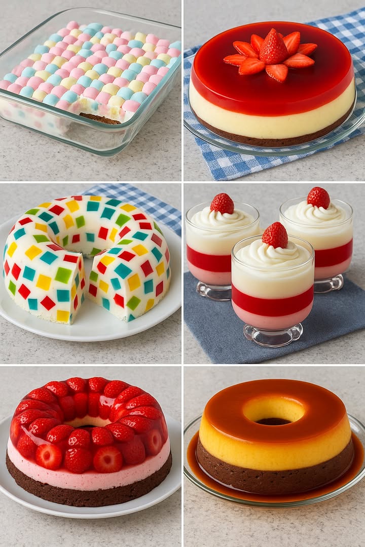 TE ENSEÑO 6 RECETAS DE POSTRES

1. Postre de Malvaviscos con Crema

Ingredientes:

2 tazas de malvaviscos mini de colores
400 g de crema batida nata montada
1 lata de leche condensada 395 g
200 g de queso crema a temperatura ambiente
1 paquete de galletas tipo María aprox. 200 g
100 g de mantequilla derretida

Preparación:

1. Tritura las galletas y mézclalas con la mantequilla derretida.
2. Coloca la mezcla en el fondo de un molde, presionando bien para formar la base. Reserva en el refrigerador.
3. En un bol grande, bate el queso crema con la leche condensada hasta integrar.
4. Añade la crema batida e incorpora con movimientos envolventes.
5. Vierte la mezcla sobre la base de galletas y distribuye uniformemente.
6. Decora con los malvaviscos mini de colores.
7. Refrigera al menos 4 horas antes de servir.

2. Gelatina de Fresa con Flan

Ingredientes:

1 sobre 35 g de gelatina sabor fresa
2 tazas de agua 1 caliente, 1 fría
1 lata de leche condensada 395 g
1 lata de leche evaporada 360 ml
4 huevos
1 cdita de esencia de vainilla
Fresas frescas para decorar

Preparación:

1. Prepara la gelatina de fresa con el agua caliente y fría. Deja enfriar ligeramente.
2. Engrasa un molde y vierte la gelatina. Lleva a refrigerar hasta que esté semicuajada.
3. Licúa la leche condensada, leche evaporada, huevos y vainilla.
4. Vierte esta mezcla sobre la gelatina ya firme y cocina a baño maría hasta cuajar o en el horno a 180 C por 45 min.
5. Desmolda y decora con fresas frescas.

3. Gelatina Mosaico

Ingredientes:

3 sobres de gelatina de diferentes sabores y colores fresa, piña, uva
1 lata de leche condensada 395 g
1 lata de leche evaporada 360 ml
1 sobre de gelatina sin sabor 7 g
  taza de agua

Preparación:

1. Prepara las gelatinas de sabores según las instrucciones. Deja enfriar y corta en cubos.
2. Disuelve la gelatina sin sabor en  taza de agua y calienta ligeramente hasta disolver.
3. Licúa la leche condensada, leche evaporada y la gelatina sin sabor disuelta.
4. Coloca los cubos de gelatina de colores en un molde grande.
5. Vierte la mezcla blanca sobre ellos y refrigera hasta cuajar.

4. Vasitos de Gelatina de Fresa y Crema

Ingredientes:

1 sobre 35 g de gelatina de fresa
2 tazas de agua 1 caliente, 1 fría
200 ml de crema de leche nata
3 cdas de azúcar
Fresas frescas para decorar

Preparación:

1. Prepara la gelatina de fresa y vierte en vasitos hasta la mitad. Refrigera hasta cuajar.
2. Bate la crema de leche con el azúcar hasta espesar.
3. Añade la crema sobre la gelatina ya firme.
4. Decora con fresas frescas y refrigera 1 hora más.

5. Gelatina de Fresa con Brownie

Ingredientes:

1 brownie ya horneado puede ser de caja o casero
1 sobre 35 g de gelatina de fresa
2 tazas de agua 1 caliente, 1 fría
200 g de fresas frescas cortadas

Preparación:

1. Coloca el brownie en el fondo de un molde.
2. Distribuye las fresas sobre el brownie.
3. Prepara la gelatina de fresa y vierte con cuidado sobre las fresas y el brownie.
4. Refrigera mínimo 4 horas antes de desmoldar.

6. Chocoflan

Ingredientes:
Para el flan:

1 lata de leche condensada 395 g
1 lata de leche evaporada 360 ml
4 huevos
1 cdita de esencia de vainilla

Para el bizcocho de chocolate:

1 taza de harina de trigo
1 taza de azúcar
 taza de cacao en polvo
1 cdita de polvo para hornear
2 huevos
 taza de leche
 taza de aceite

Preparación:

1. Prepara el caramelo derritiendo 1 taza de azúcar en una sartén y viértelo en un molde.
2. Licúa todos los ingredientes del flan y reserva.
3. Mezcla los ingredientes secos del bizcocho en un bol. Añade los huevos, leche y aceite; mezcla bien.
4. Vierte primero la mezcla de bizcocho en el molde con caramelo y luego, suavemente, la mezcla del flan.
5. Cocina a baño maría en horno precalentado a 180 C por 1 hora.
6. Deja enfriar, desmolda y refrigera.

#Recetas #postres #dessert #usafood #recipe