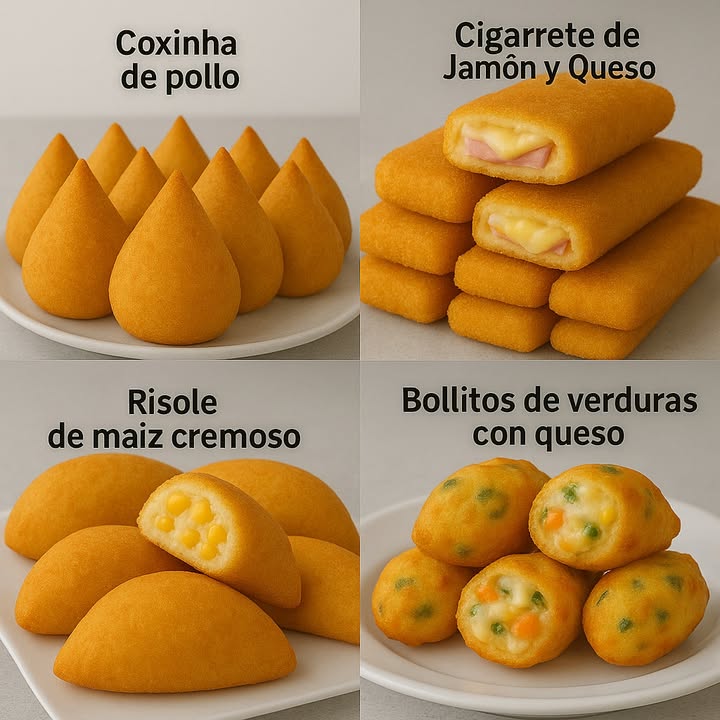 TE ENSEÑO 4 RECETAS DE APERITIVOS SALADOS

寧 Coxinha de pollo

Ingredientes:

2 pechugas de pollo cocidas y desmenuzadas
1 cebolla picada
2 dientes de ajo picados
2 cucharadas de aceite de oliva
1/2 taza de tomate triturado
Sal y pimienta al gusto
2 tazas de caldo de pollo
2 tazas de harina de trigo
Pan rallado y huevo para empanar
Aceite para freír

Modo de preparación:

1. En una sartén, sofríe la cebolla y el ajo en el aceite hasta que estén dorados.
2. Agrega el pollo desmenuzado y el tomate. Cocina hasta que se seque un poco. Ajusta la sal y la pimienta.
3. En una olla, hierve el caldo de pollo y añade la harina de una vez. Remueve hasta formar una masa firme.
4. Deja enfriar un poco, luego amasa hasta que esté lisa.
5. Forma bolitas, rellena con el pollo, cierra y moldea en forma de gota.
6. Pasa por huevo batido y luego pan rallado.
7. Fríe en aceite caliente hasta que estén doradas.

燎肋 Cigarrete de jamón y queso

Ingredientes:

10 rebanadas de jamón
10 rebanadas de queso mozzarella
1 taza de harina de trigo
2 huevos batidos
Pan rallado para empanar
Aceite para freír

Modo de preparación:

1. Enrolla una rebanada de queso dentro de una de jamón.
2. Pasa cada rollito por harina, luego huevo, y finalmente pan rallado.
3. Repite el proceso para un empanado más crujiente.
4. Fríe en aceite caliente hasta que estén dorados y el queso se derrita.

 Risole de maíz cremoso

Ingredientes:

1 taza de maíz dulce
1 cucharada de mantequilla
1 cucharada de harina de trigo
1/2 taza de leche
Sal, pimienta y perejil picado
Masa: 1 taza de leche, 1 taza de agua, 1 cucharada de mantequilla, 2 tazas de harina de trigo
Huevo y pan rallado para empanar
Aceite para freír

Modo de preparación:

1. Para el relleno, derrite la mantequilla y añade la harina, removiendo bien.
2. Agrega la leche poco a poco hasta obtener una crema.
3. Incorpora el maíz y sazona con sal, pimienta y perejil. Deja enfriar.
4. Para la masa, hierve la leche, agua y mantequilla. Añade la harina de golpe y mezcla bien.
5. Amasa hasta que esté suave.
6. Corta discos de masa, rellena con el maíz, cierra como una empanada.
7. Pasa por huevo y pan rallado, fríe hasta que estén dorados.

凌燎 Bollitos de verduras con queso

Ingredientes:

1 zanahoria rallada
1/2 taza de arvejas guisantes cocidas
1/4 taza de cebollino picado
1 taza de queso rallado mozzarella o cheddar
1 huevo
3 cucharadas de harina de trigo
Sal y pimienta al gusto
Aceite para freír

Modo de preparación:

1. Mezcla la zanahoria, arvejas, cebollino y queso en un bol.
2. Agrega el huevo, la harina, sal y pimienta. Mezcla hasta formar una masa espesa.
3. Forma bolitas con la masa.
4. Fríe en aceite caliente hasta que estén doradas y crujientes por fuera.

#recetasfáciles  #recetas #cocinacasera #recipes #food #usafood