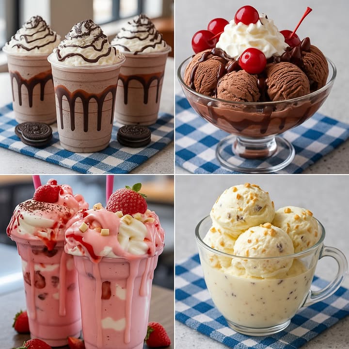 TE ENSEÑO 4 HELADOS RICOS

1. Batido de Oreo con Crema y Chocolate

Ingredientes:

10 galletas Oreo
2 tazas de helado de vainilla
1 taza de leche fría
2 cucharadas de jarabe de chocolate
Crema batida al gusto
Galletas Oreo extras para decorar
Jarabe de chocolate para decorar el vaso

Preparación:

1. Tritura las galletas Oreo en trozos pequeños.
2. En una licuadora, mezcla el helado, la leche, las Oreo trituradas y el jarabe de chocolate.
3. Decora el interior del vaso con jarabe de chocolate.
4. Vierte el batido en el vaso.
5. Añade crema batida por encima y decora con más jarabe y Oreo trituradas.
6. Sirve frío con una pajilla.

2. Sundae de Chocolate con Cerezas y Crema

Ingredientes:

5 bolas de helado de chocolate
Jarabe de chocolate al gusto
Crema batida
Cerezas en almíbar preferiblemente con tallo
Chispas de chocolate opcional

Preparación:

1. Coloca las bolas de helado de chocolate en un recipiente grande o copa de helado.
2. Rocía jarabe de chocolate sobre el helado.
3. Añade una porción generosa de crema batida en el centro.
4. Decora con cerezas y, si deseas, con chispas de chocolate.
5. Sirve inmediatamente.

 3. Batido de Fresa con Crema y Frutas

Ingredientes:

2 tazas de helado de fresa
1 taza de leche fría
6 fresas frescas en trozos
Crema batida al gusto
Jarabe de fresa
Ralladura de chocolate blanco o barquillos troceados
Fresas enteras para decorar

Preparación:

1. Licúa el helado de fresa con la leche y algunas fresas troceadas hasta obtener una mezcla cremosa.
2. Decora el vaso con jarabe de fresa y vierte el batido.
3. Añade crema batida por encima.
4. Decora con jarabe de fresa adicional, fresas enteras y trozos de chocolate blanco o barquillos.
5. Sirve frío con una pajilla.

 4. Helado Casero de Vainilla con Nueces

Ingredientes:

2 tazas de crema para batir nata para montar
1 taza de leche condensada
1 cucharadita de extracto de vainilla
1/2 taza de nueces picadas
1/4 taza de chispas de chocolate opcional

Preparación:

1. Bate la crema hasta que forme picos suaves.
2. Agrega la leche condensada y el extracto de vainilla. Mezcla suavemente.
3. Incorpora las nueces y las chispas de chocolate con movimientos envolventes.
4. Vierte la mezcla en un recipiente con tapa y congela por al menos 6 horas o toda la noche.
5. Sirve en tazas y decora con más nueces si lo deseas.

#recetas #postres #helado #icecream
