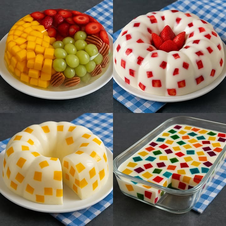 TE ENSEÑO 4 RECETAS DE POSTRES

 1. Gelatina Transparente con Frutas Frescas

Ingredientes:

2 sobres de gelatina sin sabor 14 g
1 taza de jugo de manzana o uva blanca
1  taza de agua caliente
  taza de agua fría
Fresas en rodajas, uvas verdes, mango en cubos y nueces pecanas

Preparación:

1. Disuelve la gelatina sin sabor en el agua caliente.
2. Añade el jugo y el agua fría. Mezcla bien.
3. Vierte un poco de mezcla en el molde y refrigera 10 minutos.
4. Coloca cuidadosamente las frutas y nueces dentro del molde.
5. Vierte el resto del líquido hasta cubrir por completo.
6. Refrigera por 4 horas o hasta que esté completamente firme.

2. Gelatina de Leche con Fresas en Cubos

Ingredientes:

2 sobres de gelatina sin sabor 14 g
1 lata de leche condensada 395 g
1 taza de crema de leche
1 taza de leche entera
1 cucharadita de vainilla
Fresas en cubos

Preparación:

1. Hidrata la gelatina sin sabor en  taza de agua y caliéntala hasta disolver.
2. Mezcla la leche condensada, crema de leche, leche entera y vainilla.
3. Añade la gelatina disuelta y mezcla bien.
4. Coloca los cubos de fresa en el molde.
5. Vierte la mezcla líquida con cuidado.
6. Refrigera por 4-6 horas hasta que cuaje.

3. Gelatina de Leche con Cubos de Mango

Ingredientes:

2 sobres de gelatina sin sabor 14 g
1 lata de leche condensada 395 g
1 taza de crema de leche
1 taza de leche entera
1 cucharadita de esencia de vainilla
Mango en cubos

Preparación:

1. Disuelve la gelatina sin sabor en  taza de agua caliente.
2. Mezcla la leche condensada, leche entera, crema y vainilla.
3. Agrega la gelatina disuelta y mezcla bien.
4. Añade los cubos de mango al molde.
5. Vierte la mezcla de leche sobre los cubos.
6. Lleva al refrigerador por al menos 4 horas.

4. Gelatina Mosaico de Colores

Ingredientes:

4 gelatinas de sabores rojo, verde, amarillo y morado
1 lata de leche condensada 395 g
1 taza de crema de leche
1 taza de leche entera
2 sobres de gelatina sin sabor 14 g

Preparación:

1. Prepara cada gelatina de sabor en recipientes separados usando solo 2/3 del agua indicada en el paquete. Refrigera hasta que estén firmes.
2. Corta en cubos pequeños y mezcla en un molde.
3. Hidrata la gelatina sin sabor en  taza de agua caliente.
4. Mezcla leche condensada, crema, leche entera y añade la gelatina disuelta.
5. Vierte sobre los cubos de colores.
6. Refrigera por al menos 4 horas antes de servir.

#postres  #recetas #usafood #USARecipes #dessert #recipes