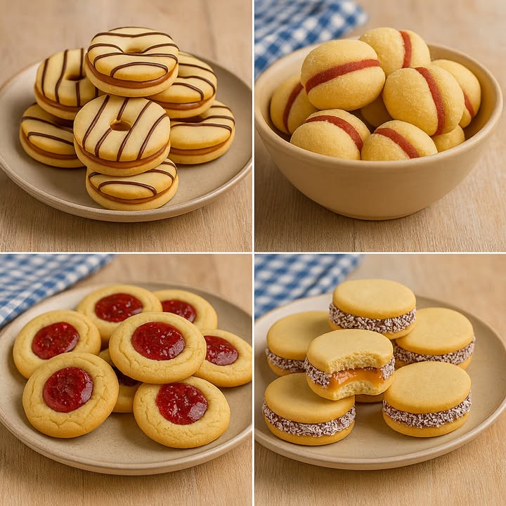 Te enseño 4 recetas de galletas

 1. Galletas Rellenas con Dulce de Leche y Hilos de Chocolate

Ingredientes

Para la masa:

200 g de mantequilla a temperatura ambiente
1 taza de azúcar
1 huevo
1 cdita de esencia de vainilla
3 tazas de harina de trigo
1 cdita de polvo para hornear
1 pizca de sal

Relleno y decoración:

Dulce de leche espeso
80 g de chocolate semiamargo derretido

Preparación

1. Bate la mantequilla con el azúcar hasta obtener una mezcla cremosa.
2. Agrega el huevo y la vainilla. Mezcla bien.
3. Incorpora la harina, el polvo para hornear y la sal. Mezcla hasta formar una masa suave.
4. Estira la masa con un rodillo y corta círculos haz un agujerito en el centro a la mitad de ellos.
5. Hornea a 180 C por 1215 minutos. Deja enfriar.
6. Unta dulce de leche entre dos galletas, usando la que tiene el agujero como tapa.
7. Decora con hilos de chocolate derretido.

 2. Besitos de Maicena con Relleno de Guayaba Casaditos

Ingredientes

2 tazas de harina de trigo
1 taza de maicena
1 taza de azúcar
200 g de mantequilla suave
1 huevo
1 cdita de vainilla
Pasta o tiras de guayaba
Azúcar para espolvorear

Preparación

1. Mezcla la mantequilla, el azúcar, el huevo y la vainilla hasta lograr una crema.
2. Agrega la harina y la maicena poco a poco hasta obtener una masa uniforme.
3. Forma bolitas pequeñas y colócalas en una bandeja.
4. Hornea por 1012 minutos a 180 C sin dorarlas demasiado.
5. Ablanda la guayaba unos segundos en el microondas y colócala entre dos bolitas.
6. Pasa los besitos por azúcar.

 3. Galletas con Centro de Mermelada Thumbprint Cookies

Ingredientes

120 g de mantequilla
1/2 taza de azúcar
1 huevo
1 cdita de esencia de vainilla
1 1/2 taza de harina de trigo
1 pizca de sal
Mermelada de fresa o frambuesa

Preparación

1. Bate la mantequilla con el azúcar hasta que la mezcla esté clara y cremosa.
2. Añade el huevo y la vainilla. Mezcla.
3. Incorpora la harina y la sal.
4. Forma bolitas y presiona el centro con el dedo o una cuchara.
5. Coloca un poco de mermelada en cada huequito.
6. Hornea por 1215 minutos a 180 C.
7. Deja enfriar para que la mermelada se asiente.

便 4. Alfajores de Dulce de Leche con Coco

Ingredientes

Para la masa:

200 g de mantequilla
1 taza de azúcar
2 huevos
1 cdita de esencia de vainilla
2 1/2 tazas de harina de trigo
1 taza de maicena
1 cdita de polvo para hornear
1 pizca de sal

Relleno y acabado:

Dulce de leche firme
Coco rallado

Preparación

1. Bate la mantequilla con el azúcar hasta que quede cremoso.
2. Agrega los huevos y la vainilla. Mezcla.
3. Añade la harina, maicena, polvo para hornear y sal hasta formar una masa homogénea.
4. Estira la masa y corta círculos del mismo tamaño.
5. Hornea a 180 C por 1012 minutos sin dejarlos dorar demasiado.
6. Rellena con dulce de leche.
7. Pasa los bordes por coco rallado.
8. Refrigera para que los alfajores tomen consistencia.

#fblifestyle #galletas