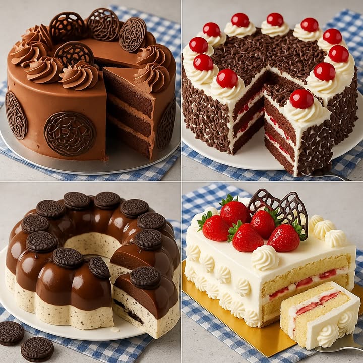 TE ENSEÑO 4 RECETAS DE POSTRES

 1. Tarta de Chocolate con Decoración de Discos

Ingredientes:

4 huevos
200 g de azúcar
180 g de harina de trigo
50 g de cacao en polvo
1 cucharadita de polvo de hornear
100 ml de leche
100 ml de aceite vegetal
300 ml de crema para batir
150 g de chocolate negro
Discos decorativos de chocolate opcional

Paso a paso:

1. Bate los huevos con el azúcar hasta que estén espumosos.
2. Agrega la leche y el aceite, luego incorpora los ingredientes secos tamizados.
3. Hornea en tres moldes redondos a 180 C por 30 minutos.
4. Derrite el chocolate y mézclalo con la crema batida para formar un ganache.
5. Rellena y cubre las capas con ganache.
6. Decora con discos de chocolate y rosetones de crema.

 2. Pastel Selva Negra Clásico

Ingredientes:

3 huevos
150 g de azúcar
120 g de harina
30 g de cacao en polvo
400 ml de crema para batir
2 cucharadas de azúcar glas
1 frasco de cerezas al marrasquino
100 g de virutas de chocolate

Paso a paso:

1. Bate los huevos con el azúcar y agrega la harina y el cacao tamizados.
2. Vierte en moldes y hornea a 180 C por 25-30 minutos.
3. Bate la crema con azúcar glas hasta que esté firme.
4. Corta el bizcocho en capas y rellena con crema y cerezas.
5. Cubre con crema, virutas de chocolate y decora con cerezas encima.

 3. Gelatina de Galletas Oreo con Capa de Chocolate

Ingredientes:

2 sobres de gelatina sin sabor 14 g
1 taza de leche
1 taza de crema de leche
1 lata de leche condensada
10 galletas Oreo trituradas
100 g de chocolate oscuro
 taza de agua caliente
Galletas Oreo para decorar

Paso a paso:

1. Hidrata la gelatina sin sabor en agua caliente.
2. Mezcla la leche, crema, leche condensada y gelatina.
3. Agrega las Oreos trituradas y vierte en un molde.
4. Derrite el chocolate con un poco de leche y vierte encima.
5. Lleva al refrigerador por 4 horas.
6. Desmolda y decora con Oreos.

 4. Tarta de Fresas con Crema y Bizcocho Esponjoso

Ingredientes:

3 huevos
100 g de azúcar
100 g de harina de trigo
1 cucharadita de esencia de vainilla
300 ml de crema para batir
2 cucharadas de azúcar glas
200 g de fresas frescas
Decoraciones de chocolate opcional

Paso a paso:

1. Bate los huevos con el azúcar hasta que tripliquen su volumen.
2. Añade la harina tamizada con movimientos suaves.
3. Hornea en moldes rectangulares a 180 C por 25 minutos.
4. Bate la crema con azúcar glas hasta que esté firme.
5. Rellena el bizcocho con crema y fresas en rodajas.
6. Cubre con crema y decora con fresas y figuras de chocolate.

#recetas #postres #spainfood #dessert