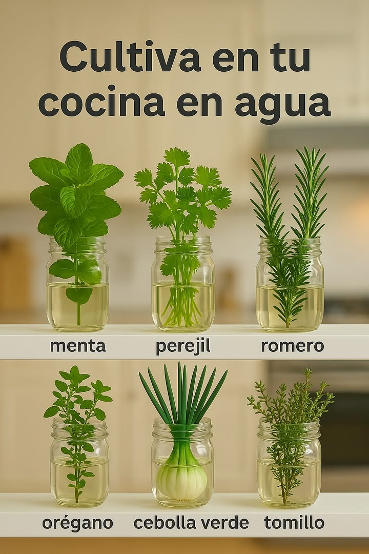 Hierbas aromáticas: 10 plantas para cultivar en agua.

 Albahaca
Coloca el tarro en un lugar bien iluminado tras añadirle agua fresca. Si no quieres que la planta florezca, corta los esquejes que tengan brotes, ya que una vez florecida, completará su ciclo y morirá. Atento a ese detalle! 

 Estragón
El estragón francés es el más usado en la cocina, aunque existen varias variedades. Sea cual sea la que tengas, plántala en primavera. Su crecimiento es lento y necesita agua limpia y ligera para desarrollarse correctamente.

 Menta
La menta contiene mucho mentol, lo que aporta una sensación de frescor sin alterar la temperatura. Solo tienes que sumergir los tallos en agua y al poco tiempo verás aparecer las raíces. 

 Menta verde
Muy parecida a la menta común, comparte prácticamente las mismas propiedades y cuidados.

 Romero
Aunque tarda en desarrollar raíces, es una planta bastante resistente a la pudrición. No necesita demasiados cuidados y suele enraizar mejor si se empieza a cultivar en primavera. 

 Orégano
Es un clásico en la cocina mediterránea. Para cultivarlo en agua, colócalo en un frasco con agua limpia y, a medida que crezca, pellizca las hojas para favorecer su desarrollo.

 Estevia
Ideal para endulzar infusiones, tés o postres de forma natural. Solo necesitas ponerla en un lugar cálido y con buena luz natural. 

 Salvia
Propensa a formar moho, por lo que debe estar en un sitio fresco y bien ventilado. Es una planta de crecimiento lento, así que ten paciencia. 

 Tomillo
Corta esquejes verdes y ponlos en agua justo después de cortarlos, ya que al ser tan finos se secan rápido. Lo ideal es hacerlo en primavera para asegurar mejores resultados.

 Verbena
Fácil de cultivar, aunque no le van bien los espacios cerrados. Corta los tallos en primavera y sumérgelos en agua. Colócalos en un sitio con buena luz y en unas 4 semanas deberías ver raíces. Eso sí, no olvides regarla con frecuencia! 華