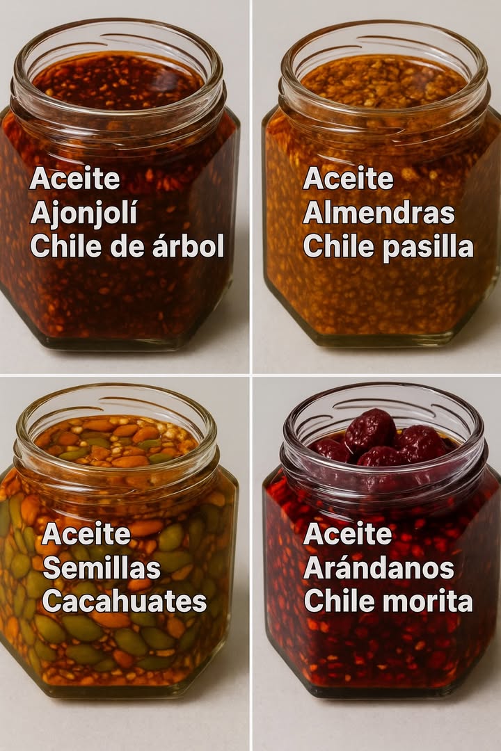 龎 Ideas para preparar diferentes Salsas Machas 
Fáciles, sabrosas y perfectas para darle un toque picante a tus platillos favoritos.

 Salsa Macha Tradicional Chile de Árbol y Ajonjolí

Ingredientes:

2 tazas de aceite vegetal de oliva o canola.
30 g de chiles de árbol secos unos 2530.
2 dientes de ajo grandes.
3 cucharadas de semillas de ajonjolí tostadas.
1 cucharadita de sal.

Preparación:

1. Calienta el aceite en una cacerola a fuego medio.
2. Añade los ajos pelados y fríelos hasta que se doren; retira.
3. Incorpora los chiles y sofríe unos segundos sin dejar que se quemen.
4. Retira del fuego y agrega el ajonjolí.
5. Licúa o machaca los chiles con el ajo y la sal.
6. Mezcla con el aceite caliente, revuelve y deja enfriar.

  Salsa Macha con Almendras y Chiles Pasilla

Ingredientes:

2 tazas de aceite vegetal.
20 g de chile pasilla seco 4 piezas.
10 g de chile guajillo seco 2 piezas.
 taza de almendras.
2 dientes de ajo.
1 cucharadita de sal.

Preparación:

1. Calienta el aceite en una sartén.
2. Fríe los ajos hasta que se doren y retira.
3. Añade los chiles y fríelos brevemente hasta que cambien de color.
4. Tuesta o fríe las almendras y machácalas ligeramente.
5. Licúa los chiles con los ajos, un poco de aceite y algunas almendras.
6. Mezcla con el resto del aceite y las almendras trituradas para darle textura.

 Salsa Macha con Semillas y Cacahuates

Ingredientes:

2 tazas de aceite vegetal.
25 g de chile de árbol seco 2025 piezas.
 taza de semillas de calabaza peladas y sin sal.
 taza de cacahuates tostados.
2 dientes de ajo.
1 cucharada de ajonjolí.
1 cucharadita de sal.

Preparación:

1. Calienta el aceite y fríe los ajos hasta dorar; retira.
2. Agrega los chiles y sofríe unos segundos hasta soltar aroma sin quemarlos.
3. Retira del fuego y añade las semillas, cacahuates y ajonjolí.
4. Licúa parte de los chiles con los ajos y la sal, dejando trozos enteros.
5. Mezcla todo en el aceite para obtener una salsa crujiente y sabrosa.

 Salsa Macha con Arándanos y Chile Morita

Ingredientes:

2 tazas de aceite vegetal.
20 g de chile morita seco 45 piezas.
 taza de arándanos rojos deshidratados.
2 dientes de ajo.
2 cucharadas de ajonjolí.
1 cucharadita de sal.

Preparación:

1. Calienta el aceite a fuego medio.
2. Fríe los ajos hasta dorar y retira.
3. Sofríe los chiles morita unos segundos y retira.
4. Licúa los chiles con los ajos y un poco de aceite hasta obtener una mezcla espesa.
5. Vierte en la cacerola con el aceite restante y añade los arándanos y el ajonjolí.
6. Cocina unos minutos para que los arándanos se suavicen y suelten su sabor.

 Listas para disfrutar con tacos, carnes o hasta con pan!

#fblifestyle #Salsas