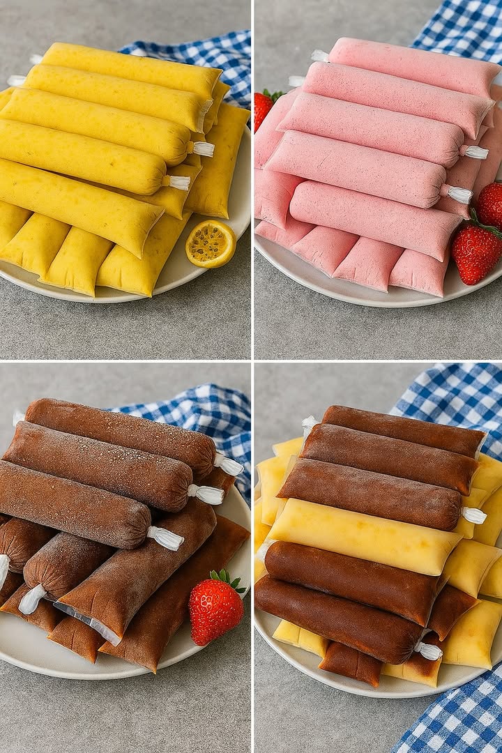 T enseño 4 Deliciosas Recetas de Helados en Bolsita Súper Cremosos y Caseros

 Con sabor a nostalgia,

1. Helado en bolsita de Maracuyá

 Ingredientes:

1 taza de pulpa de maracuyá puedes dejar o quitar las semillas
2 tazas de leche evaporada o crema líquida
1 lata de leche condensada
1 cucharadita de esencia de vainilla opcional

 Preparación:
Coloca todo en la licuadora y mezcla hasta lograr una textura suave y cremosa.
Rellena las bolsitas, haz un buen nudo o sella, y congela por al menos 6 horas.

2. Helado en bolsita de Fresa

 Ingredientes:

2 tazas de frutillas frescas, limpias y sin tallo
1 taza de leche entera
 taza de leche condensada
 taza de crema de leche o nata opcional, para más cremosidad
1 cucharadita de vainilla opcional

 Modo de preparación:
Licúa las frutillas hasta hacer un puré.
Agrega la leche, leche condensada, crema y vainilla.
Bate hasta que todo esté bien incorporado.
Prueba y corrige el dulzor si lo ves necesario.
Llena las bolsitas con la mezcla y ciérralas bien.
Lleva al congelador al menos 6 horas, o hasta que estén completamente firmes.

 3. Helado en bolsita de Chocolate

 Ingredientes:

2 tazas de leche entera
1 lata de leche condensada 395 g
 taza de crema de leche o nata
5 cucharadas de cacao amargo en polvo
1 cucharadita de vainilla

 Paso a paso:
En la licuadora, coloca todos los ingredientes.
Licúa hasta lograr una mezcla uniforme y cremosa.
Ajusta el dulzor si hace falta.
Vierte en las bolsitas para helado y sella bien.
Lleva al freezer por mínimo 6 horas.

 4. Helado bicolor de Maracuyá y Chocolate

 Ingredientes:

4 maracuyás grandes y jugosos
1 litro de leche entera
 taza de leche en polvo
250 g de chocolate para derretir oscuro o semi amargo
Azúcar al gusto

 Preparación:

 Parte 1  Mezcla de chocolate:
En una olla pequeña, calienta  litro de leche.
Agrega el chocolate en trozos y remueve hasta que se disuelva.
Incorpora  taza de leche en polvo y 2 a 3 cucharadas de azúcar.
Revuelve bien hasta que esté cremoso.
Deja enfriar antes de usar.

 Parte 2  Mezcla de maracuyá:
Saca la pulpa de los maracuyás.
Licúa con  litro de leche,  taza de leche en polvo y azúcar al gusto.
Procesa hasta que esté suave.

流 Montaje:
Llena  de cada bolsita con la mezcla de chocolate.
Completa con la de maracuyá.
Cierra con un nudo firme o sellador.
Lleva al congelador por al menos 6 horas o toda la noche.

#helados #postres  #heladoscaseros  #recetas