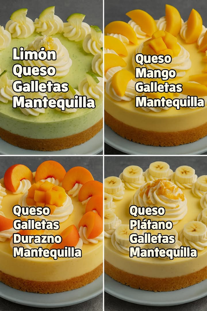 Ideas de Pays Caseros sin Horno 

  Pay de Limón

Base de galleta:

2 tazas de galleta molida
 taza de mantequilla derretida
2 cucharadas de azúcar
  Mezcla todo, forma la base en el molde y lleva al refrigerador por 20 minutos.

Relleno:

2 paquetes de queso crema
1 lata de leche condensada
 taza de jugo de limón natural
1 taza de crema para batir
  Bate el queso crema con la leche condensada, añade el jugo de limón poco a poco y finalmente integra la crema batida. Refrigera durante 6 horas.

Decoración:

Bordes con crema batida en espiral
Rodajas finas de limón fresco sobre algunos espirales
Centro con crema batida y galleta triturada

 省 Pay de Mango
Base de galleta:

2 tazas de galleta molida
 taza de mantequilla derretida
2 cucharadas de azúcar
  Mezcla, forma la base y enfría 20 minutos.

Relleno:

2 paquetes de queso crema
1 taza de pulpa de mango licuada
1 lata de leche condensada
1 taza de crema para batir
  Bate el queso crema con la condensada y la pulpa. Luego incorpora la crema batida. Refrigera 6 horas.

Decoración:

Espirales de crema batida en el borde
Láminas de mango fresco sobre cada espiral
Centro con crema batida y trocitos de mango

  Pay de Durazno
Base de galleta:

2 tazas de galleta maría triturada
 taza de mantequilla derretida
2 cucharadas de azúcar
  Mezcla y refrigera la base 20 minutos.

Relleno:

2 paquetes de queso crema
1 taza de puré de durazno fresco o en almíbar escurrido
1 lata de leche condensada
1 taza de crema para batir
  Bate queso crema con la leche condensada y el puré. Agrega la crema batida y refrigera por 6 horas.

Decoración:

Bordes con crema batida en espiral
Rebanadas de durazno en forma de media luna
Centro con crema batida y cubitos de durazno

  Pay de Plátano
Base de galleta:

2 tazas de galleta maría triturada
 taza de mantequilla derretida
2 cucharadas de azúcar
  Combina los ingredientes, presiona en el molde y refrigera 20 minutos.

Relleno:

2 paquetes de queso crema 190 g c/u
1 lata de leche condensada
1 taza de crema para batir
2 cucharadas de jugo de limón
2 plátanos maduros machacados
  Bate el queso crema con la leche condensada, añade el plátano y el jugo de limón. Incorpora la crema batida suavemente, vierte en la base y refrigera por al menos 6 horas.

Decoración:

Espirales de crema batida en los bordes
Rodajas de plátano sobre algunos espirales
Centro con galleta triturada

 Perfectos para el verano, cremosos, frutales y sin necesidad de horno 省

#recetas #fblifestyle #postres