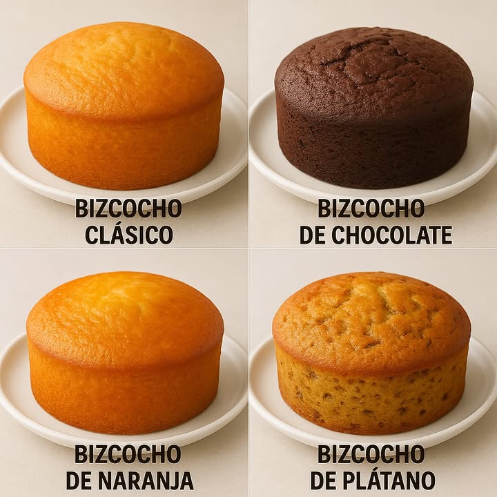 TE ENSEÑO 4 RECETAS EXQUISITAS DE BIZCOCHOS 

  Bizcocho Clásico

Ingredientes:

 3 huevos
 1 taza de azúcar 200 g
  taza de leche 120 ml
  taza de aceite vegetal 120 ml
 1 y  taza de harina de trigo 180 g
 1 cda de polvo de hornear 15 g
 1 cdita de esencia de vainilla opcional

Preparación:

1. Precalienta el horno a 180C 350F.
2. En un bol, bate los huevos con el azúcar hasta que estén espumosos.
3. Agrega la leche, el aceite y la esencia de vainilla, y mezcla bien.
4. Incorpora la harina y el polvo de hornear tamizados, mezclando suavemente.
5. Vierte la mezcla en un molde engrasado.
6. Hornea durante 35-40 minutos o hasta que al insertar un palillo salga limpio.
7. Deja enfriar antes de desmoldar.

  Bizcocho de Chocolate

Ingredientes:

3 huevos
1 taza de azúcar 200 g
 taza de leche 120 ml
 taza de aceite vegetal 120 ml
1 taza de harina de trigo 120 g
 taza de cacao en polvo sin azúcar 50 g
1 cda de polvo de hornear
1 cdita de esencia de vainilla opcional

Preparación:

1. Precalienta el horno a 180C.
2. Bate los huevos con el azúcar hasta que doblen su volumen.
3. Añade la leche, el aceite y la vainilla. Mezcla.
4. Agrega la harina, el cacao y el polvo de hornear tamizados.
5. Vierte en un molde engrasado y enharinado.
6. Hornea durante 35-40 minutos.
7. Enfría antes de servir. Puedes espolvorear con azúcar glas si deseas.

 Bizcocho de Naranja

Ingredientes:

3 huevos
1 taza de azúcar 200 g
 taza de aceite vegetal 120 ml
 taza de jugo de naranja natural 120 ml
Ralladura de 1 naranja
1 y  taza de harina 180 g
1 cda de polvo de hornear

Preparación:

1. Precalienta el horno a 180C.
2. Bate los huevos con el azúcar hasta que estén cremosos.
3. Incorpora el aceite, el jugo y la ralladura de naranja.
4. Añade la harina y el polvo de hornear tamizados.
5. Mezcla suavemente y vierte en un molde engrasado.
6. Hornea 35-40 minutos o hasta que esté dorado.
7. Deja enfriar antes de servir.

 Bizcocho de Plátano

Ingredientes:

2 plátanos maduros pisados
2 huevos
 taza de azúcar 100 g
 taza de aceite vegetal 120 ml
1 y  taza de harina 180 g
1 cda de polvo de hornear
1 cdita de canela opcional
1 cdita de esencia de vainilla opcional

Preparación:

1. Precalienta el horno a 180C.
2. En un bol, mezcla los huevos con el azúcar.
3. Agrega el puré de plátano, el aceite, la vainilla y la canela.
4. Añade la harina con el polvo de hornear y mezcla hasta integrar.
5. Vierte en un molde engrasado.
6. Hornea durante 35-40 minutos o hasta que esté firme y dorado.
7. Enfría y sirve. Puedes decorar con más plátano por encima si lo deseas.

#recetas #postres #recipes #cake