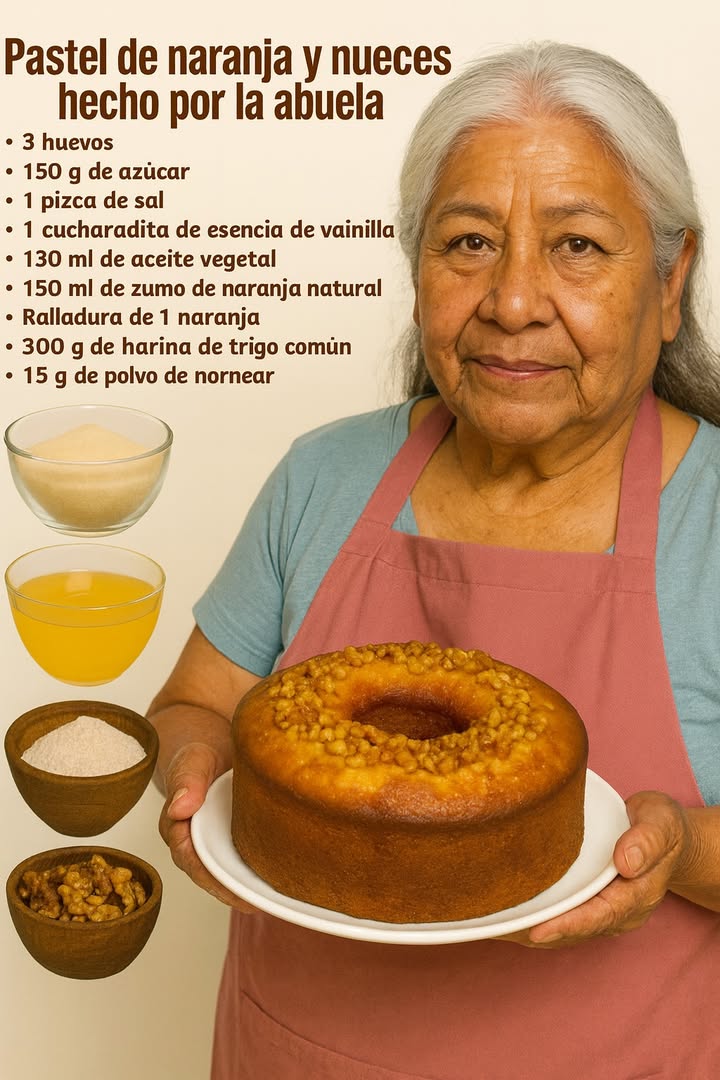 Bizcocho de naranja con nueces preparado por la abuela que encantó a toda la familia

Ingredientes:

3 huevos
150 g de azúcar
1 pizca de sal
1 cucharadita de extracto de vainilla
130 ml de aceite suave girasol o similar
150 ml de jugo de naranja natural
Ralladura de 1 naranja
300 g de harina de trigo común
15 g de levadura en polvo polvo de hornear
100 g de nueces troceadas
Molde de 24 cm previamente engrasado y enharinado

Preparación:

1. Precalentar el horno a 180 C.
2. En un recipiente amplio, batir los huevos con el azúcar y la pizca de sal hasta obtener una mezcla aireada.
3. Añadir la vainilla, el aceite, el jugo y la ralladura de naranja. Integrar bien.
4. Incorporar poco a poco la harina tamizada junto con el polvo de hornear, mezclando de manera envolvente.
5. Agregar 70 g de nueces troceadas y remover hasta distribuirlas de forma uniforme.
6. Verter la masa en el molde preparado y decorar la superficie con los 30 g de nueces restantes.
7. Hornear de 35 a 40 minutos, o hasta que al pinchar con un palillo, este salga seco.
8. Dejar enfriar antes de desmoldar y servir.

#Bizcocho #recetas #recetasfaciles