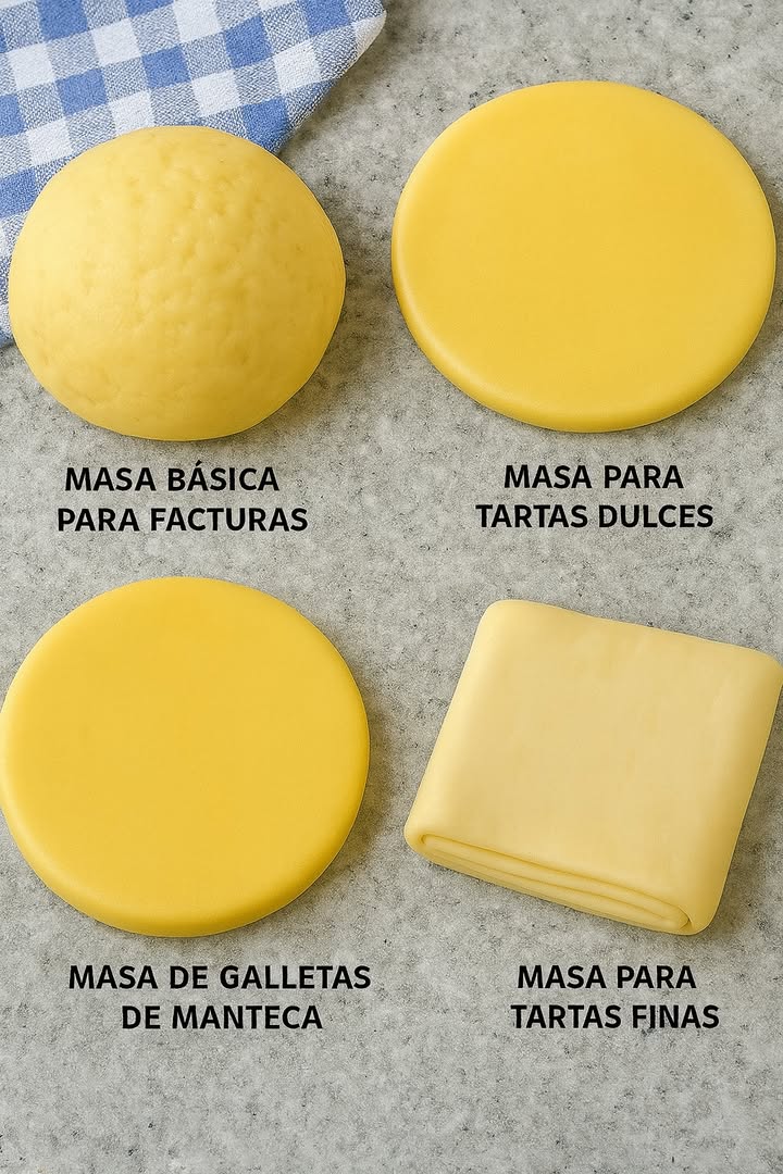 TE ENSEÑO 4 RECETAS DE MASAS

1. Masa básica para facturas

Ingredientes:

500 g de harina de trigo
50 g de azúcar
10 g de sal
25 g de levadura fresca
250 ml de leche tibia
50 g de manteca mantequilla derretida
1 huevo

Preparación:

1. Disolver la levadura en la leche tibia con una cucharada de azúcar y dejar reposar 10 minutos.
2. En un bol grande, mezclar la harina, el azúcar y la sal.
3. Agregar el huevo, la manteca derretida y la mezcla de levadura. Amasar hasta obtener una masa suave y elástica.
4. Tapar y dejar levar 1 hora o hasta que duplique su tamaño.
5. Usar para preparar facturas como medialunas, vigilantes o berlinesas.

2. Masa para tartas dulces

Ingredientes:

300 g de harina de trigo
150 g de manteca fría en cubos
100 g de azúcar
1 huevo
1 pizca de sal
12 cucharadas de agua fría si es necesario

Preparación:

1. Mezclar la harina, el azúcar y la sal.
2. Incorporar la manteca fría con las manos o un cortador hasta obtener un arenado.
3. Añadir el huevo y amasar solo hasta integrar si está muy seca, agregar agua.
4. Formar un disco, envolver en film y refrigerar 30 minutos.
5. Estirar y usar para tartas dulces con frutas, dulces o crema pastelera.

3. Masa de galletas de manteca

Ingredientes:

250 g de manteca a temperatura ambiente
150 g de azúcar
1 huevo
350 g de harina de trigo
1 cucharadita de esencia de vainilla
1 pizca de sal

Preparación:

1. Batir la manteca con el azúcar hasta obtener una crema.
2. Agregar el huevo y la esencia de vainilla, mezclar bien.
3. Incorporar la harina con la sal, formar una masa suave.
4. Envolver en film y refrigerar 30 minutos.
5. Estirar, cortar las galletas y hornear a 180 C por 12-15 minutos.

4. Masa para tartas finas hojaldrada

Ingredientes:

250 g de harina de trigo
200 g de manteca fría
1 pizca de sal
120 ml de agua fría

Preparación

1. Mezclar la harina con la sal y agregar la mitad de la manteca en cubos. Arenar con los dedos.
2. Añadir el agua fría y unir sin amasar demasiado. Formar un rectángulo y refrigerar 30 minutos.
3. Colocar el resto de la manteca en el centro, doblar la masa sobre ella y estirar.
4. Realizar 3-4 pliegues doblar en tercios, estirar y refrigerar entre pliegues.
5. Usar para tartas finas y masas hojaldradas.

#recetas #masas #recipe #recipes