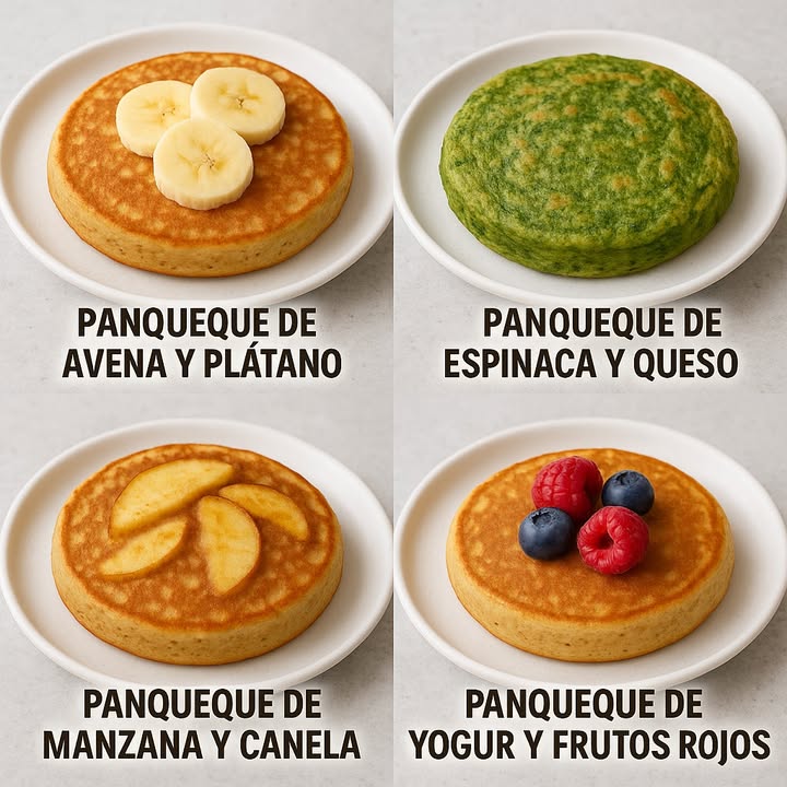 TE ENSEÑO 4 PANQUEQUES SALUDABLES

 丹 1. Panqueque de avena y plátano

Ingredientes:

 1 plátano maduro
 1 huevo
 4 cucharadas de avena molida
 1 pizca de canela
 Un chorrito de leche opcional

Preparación:

1. Tritura el plátano con un tenedor.
2. Añade el huevo, la avena y la canela. Mezcla bien.
3. Si la masa queda muy espesa, añade un poco de leche.
4. Cocina en una sartén antiadherente por ambos lados hasta dorar.

燎 2. Panqueque de espinaca y queso

Ingredientes:

 1 taza de espinacas frescas
 1 huevo
 3 cucharadas de avena
 2 cucharadas de queso rallado
 Sal y pimienta al gusto

Preparación:

1. Cocina ligeramente las espinacas y pícalas finamente.
2. Mezcla con el huevo, avena, queso, sal y pimienta.
3. Vierte la mezcla en una sartén caliente y cocina por ambos lados.

 3. Panqueque de manzana y canela

Ingredientes:

  manzana rallada o en láminas finas
 1 huevo
 4 cucharadas de avena
 1 pizca de canela
 1 cucharadita de miel opcional

Preparación:

1. Mezcla el huevo con la avena, canela y miel.
2. Agrega la manzana y mezcla bien.
3. Cocina en una sartén con unas gotas de aceite hasta dorar.

 4. Panqueque de yogur y frutos rojos

Ingredientes:

 3 cucharadas de yogur natural o griego
 1 huevo
 3 cucharadas de harina de avena
 1 cucharadita de levadura
 Frutos rojos al gusto frescos o congelados

Preparación:

1. Mezcla el yogur, el huevo, la avena y la levadura.
2. Añade los frutos rojos y mezcla suavemente.
3. Cocina en una sartén caliente por ambos lados.

#RecetasSaludables #HealthyPancakes #desayunos #breakfast #health #healthyfood #pancakes #panqueques