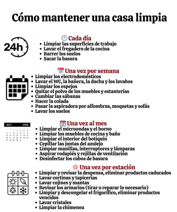 Una casa limpia se basa en simples hábitos Cada día, cada semana y en cada temporada, pequeños gestos mantienen el equilibrio del hogar. El orden favorece la serenidad, disminuye el estrés y contribuye al bienestar. La constancia en el cuidado hace que la limpieza sea natural y duradera.