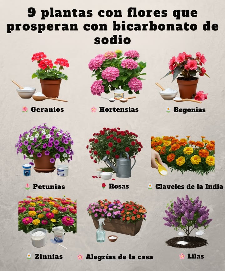 Transforma tu jardín con un ingrediente natural y sencillo: el bicarbonato de sodio! Algunas plantas con flores responden de forma excelente a este refuerzo natural: Geranios Hortensias Begonias Petunias Rosas Claveles de la India Zinnias Alegrías de la casa Impatiens Lilas Basta con diluir un poco de bicarbonato en agua para estimular la floración y prevenir hongos. Resultado: colores intensos y plantas sanas.