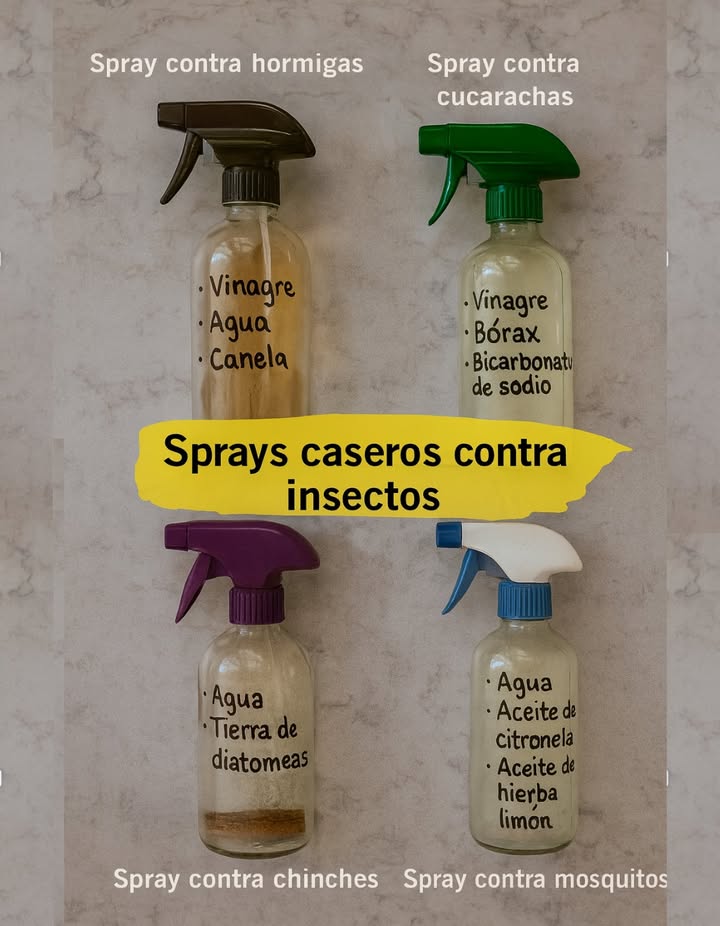 Sprays Caseros contra Insectos Hormigas Vinagre Agua Canela 荒 Cucarachas Vinagre Bórax Bicarbonato de sodio Chinches Agua Tierra de diatomeas 烈 Mosquitos Agua Aceite de citronela Aceite de hierba limón Soluciones naturales, fáciles y efectivas.