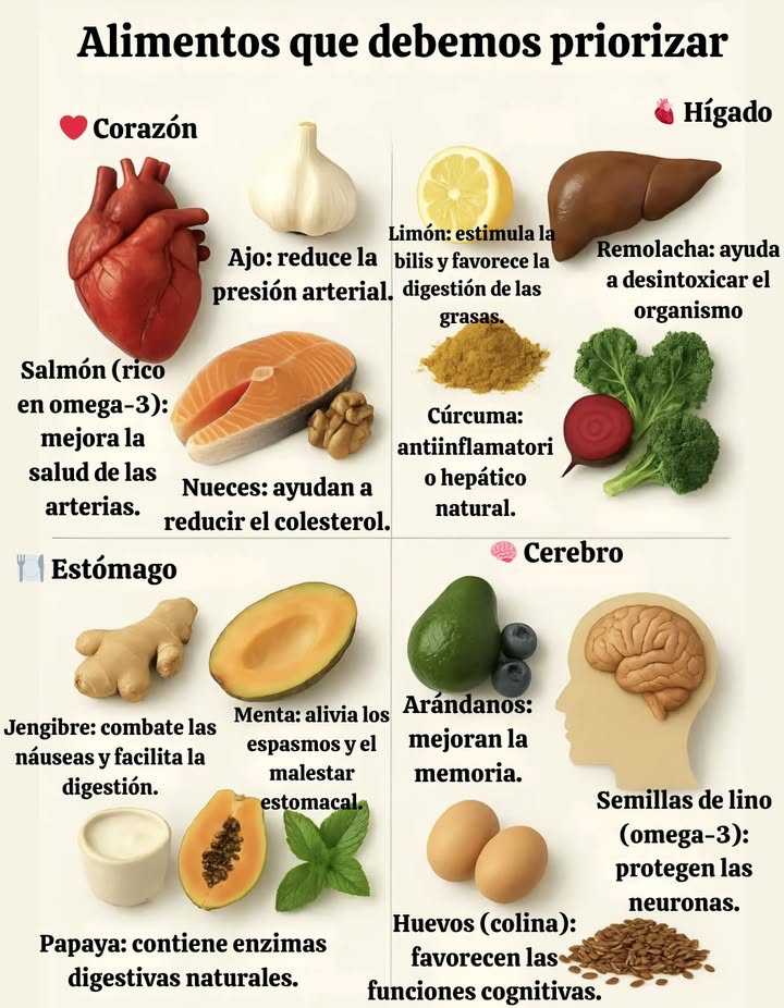 Alimentos que debemos priorizar para cuidar nuestra salud

變 Corazón

Ajo: ayuda a reducir la presión arterial.

Salmón rico en omega-3: mejora la salud de las arterias.

Nueces: contribuyen a disminuir el colesterol.

易 Cerebro

Arándanos: mejoran la memoria.

Huevos colina: favorecen las funciones cognitivas.

Semillas de lino omega-3: protegen las neuronas.

 Hígado

Limón: estimula la producción de bilis y mejora la digestión de las grasas.

Cúrcuma: actúa como antiinflamatorio y protector hepático natural.

Remolacha: ayuda a desintoxicar el organismo.

省 Estómago

Jengibre: combate las náuseas y favorece la digestión.

Papaya: contiene enzimas digestivas naturales.

Menta: alivia los espasmos y el malestar estomacal.

喙 Priorizar estos alimentos en la dieta contribuye al bienestar del corazón, cerebro, hígado y sistema digestivo, fortaleciendo la salud de manera natural y equilibrada.