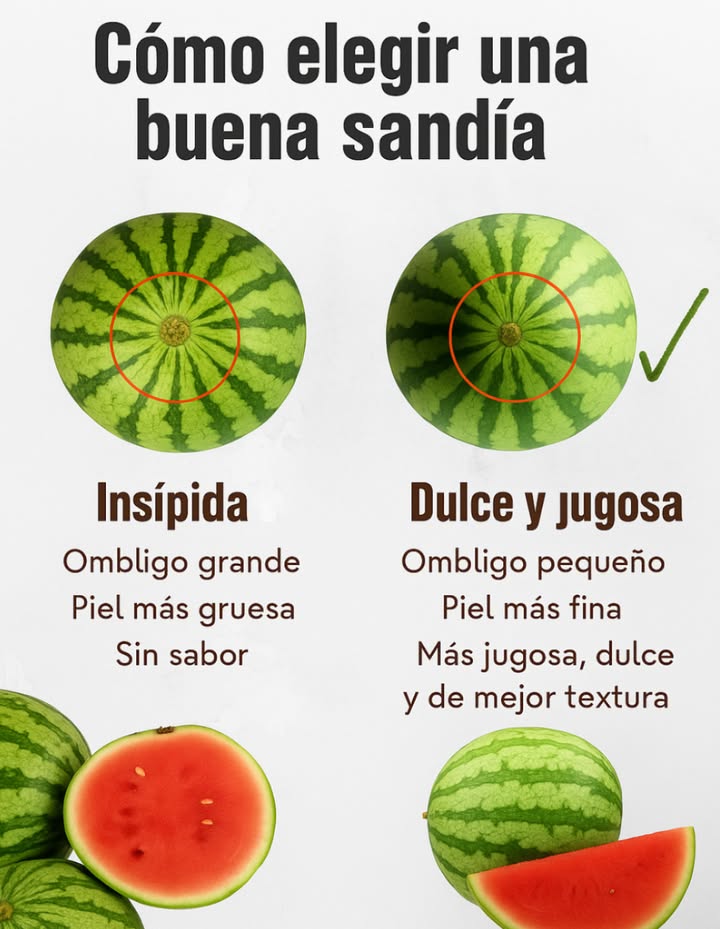 Aquí está el secreto! Mira el "ombligo" ese círculo en la parte inferior. Gran ombligo = Piel más gruesa, menos sabor. Pequeño ombligo = Piel más delgada, dulce y jugoso! Consejo Pro: Ombligo más pequeño = máxima delicia!