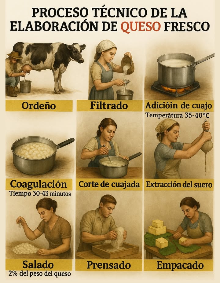 La producción de queso fresco es un proceso técnico que integra conocimientos agrícolas y control de calidad. Cada fase, desde el ordeño y filtrado hasta el prensado y empaque, afecta la textura y conservación del producto final. Durante este proceso, la temperatura al añadir el cuajo 3540 C y el tiempo de coagulación 3045 min son aspectos esenciales para obtener un queso firme y homogéneo. 燎 #QuesoFresco #Gastronomía #Calidad