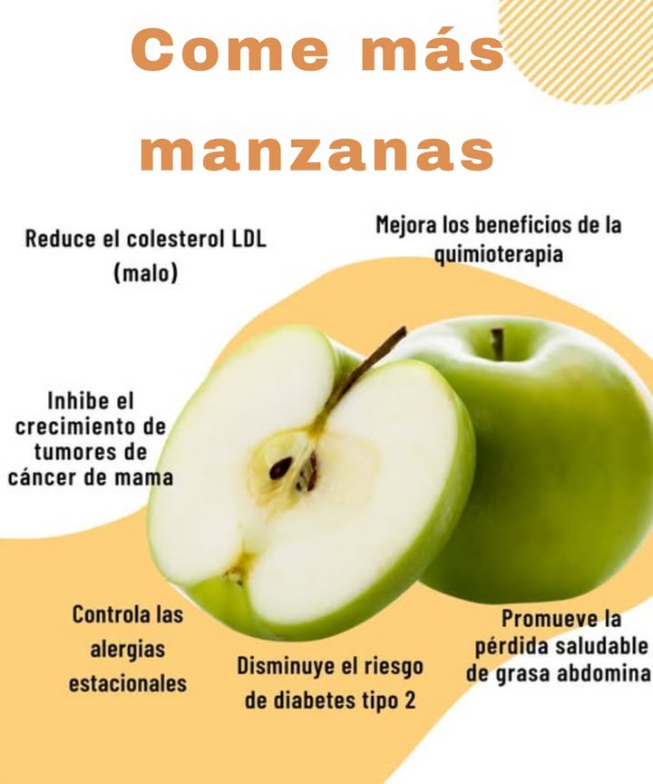 Come más manzanas -Ayudan a reducir el colesterol LDL colesterol malo. -Mejoran los efectos de la quimioterapia. -Inhiben el crecimiento de tumores de cáncer de mama. -Ayudan a controlar las alergias estacionales. -Disminuyen el riesgo de diabetes tipo 2. -Promueven una pérdida saludable de grasa abdominal.