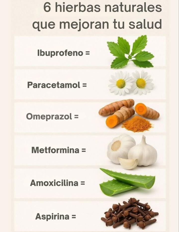 6 Hierbas Naturales que Apoyan tu Salud Ibuprofeno: Hojas de sauce blanco. Paracetamol: Flores de manzanilla. Omeprazol: Cúrcuma. Metformina: Ajo. Amoxicilina: Aloe vera. Aspirina: Clavos de olor. Cada una de estas hierbas naturales ha sido reconocida tradicionalmente por sus propiedades beneficiosas, brindando alternativas suaves para el bienestar.