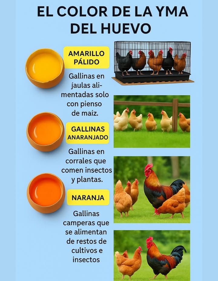 Qué Dice Realmente el Color de la Yema de Huevo Yema Amarillo Pálido Gallinas criadas en jaulas Dieta: Solo pienso procesado como Corferal 瘝 Poco o ningún movimiento ni acceso a pasto Menos nutritiva, baja en carotenoides 李 Yema Amarillo Anaranjado Gallinas criadas en gallineros sin jaula Dieta con plantas e insectos Vida más saludable, yemas con más nutrientes Sabor y color algo más intensos