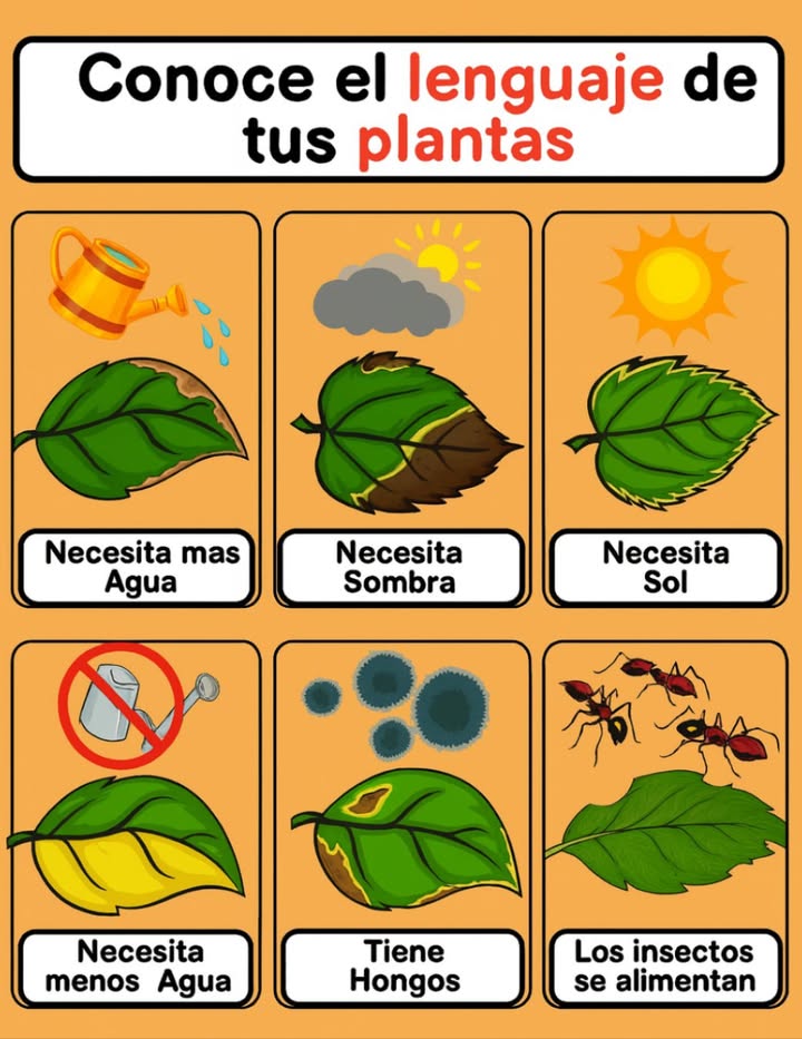 Conoce el lenguaje de tus plantas Tus plantas hablan a través de sus hojas. Aprende a interpretar sus señales para darles el cuidado que necesitan: Necesita más agua: Hojas secas y marchitas. Necesita sombra: Bordes quemados o secos. Necesita sol: Hojas verdes pero débiles o pálidas. Necesita menos agua: Hojas amarillentas y blandas. Tiene hongos: Manchas oscuras o polvosas en las hojas. Insectos se alimentan: Hojas con mordidas o pequeños puntos negros. Observar es la clave para mantener tus plantas sanas y fuertes.