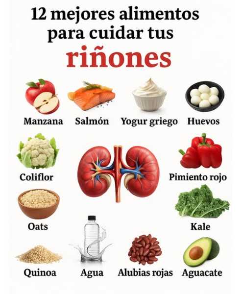 12 Mejores Alimentos para Riñones Saludables! 陋喙 Manzana Una fruta rica en fibra que ayuda a controlar el azúcar en sangre y el colesterol. Salmón Lleno de omega-3 que reduce la inflamación y protege la función renal. Yogur Griego Alto en proteínas y probióticos, suave para los riñones. 讀 Huevos Una excelente fuente de proteína limpia sin forzar los riñones. 復 Coliflor Una verdura versátil rica en vitaminas y compuestos amigables con la desintoxicación. Pimiento Rojo Cargado de antioxidantes y bajo en potasio. 塞 Kale Lleno de nutrientes, bajo en potasiogenial para comidas conscientes de los riñones. 北 Avena Un grano saludable para el corazón que apoya la función renal general. Agua El limpiador definitivo de riñones! Mantente hidratado para eliminar toxinas. Quinua Una proteína completa y alternativa de grano bajo en sodio. 樂 Frijoles Kidney Naturalmente nombrados y naturalmente apoyando la salud renal. 陋 Aguacate Grasas saludables y fibra, pero disfrútalo con moderación cuidado con el potasio!. Consejo Rápido: Combina estos alimentos con un estilo de vida activo y chequeos regulares para mantener tus riñones en óptimas condiciones!