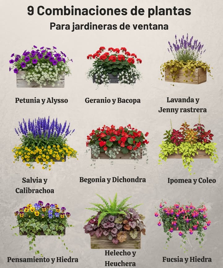 Inspiración para jardineras de ventana Petunia & Alysso fragante Zonas 211 anuales en la mayoría de regiones Geranio & Bacopa Zonas 911 cultivados como anuales en otras zonas Lavanda & Lysimachia Creeping Jenny Zonas 49 Salvia & Calibrachoa Zonas 911 salvia perenne en zonas 810 Begonia & Dichondra Zonas 911 anuales en climas más fríos Ipomea & Coleo Zonas 1011 anuales de temporada cálida en otras zonas Pensamiento & Hiedra Pensamiento zonas 710 estación fría, Hiedra zonas 49 Helecho & Heuchera Campanas de coral Helechos varía, 39, Heuchera zonas 49 Fucsia & Hiedra Fucsia zonas 1011 anual en la mayoría de zonas, Hiedra zonas 49 Combina plantas de flor con especies colgantes para dar profundidad, contraste y encanto todo el año.