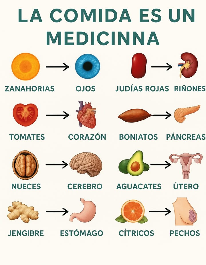 La comida es medicina Una alimentación equilibrada puede favorecer el buen funcionamiento del cuerpo. Algunos alimentos tienen propiedades que benefician órganos específicos: 凌 Zanahorias Ojos 齃 Judías rojas Riñones Tomates Corazón Boniatos Páncreas 樂 Nueces Cerebro 陋 Aguacates Útero Jengibre Estómago Cítricos Pechos Una dieta variada y rica en productos naturales contribuye a la salud integral del organismo.