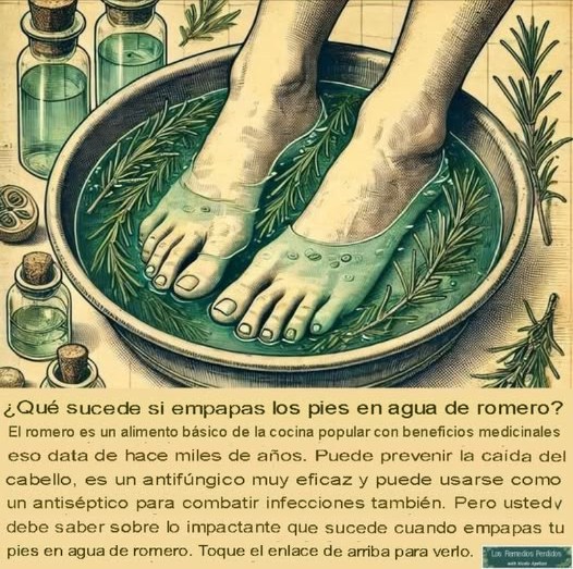 禮 Sabías lo que sucede cuando sumerges tus pies en agua de romero? Te sorprenderá! 禮 El romero no solo es una hierba aromática de cocina, sino también un potente remedio natural con beneficios sorprendentes para tus pies y tu salud general. Beneficios comprobados de remojar los pies en agua de romero: 1. Antifúngico y antibacteriano natural Gracias a compuestos como el ácido carnósico y el ácido rosmarínico, el romero combate eficazmente hongos como el pie de atleta y la onicomicosis hongos en las uñas, además de infecciones bacterianas en la piel. Estudios en revistas científicas como "Phytotherapy Research" avalan su acción antimicrobiana. 2. Estimula la circulación sanguínea Un baño caliente con romero favorece el flujo sanguíneo en las extremidades, aliviando pies fríos, hinchazón y fatiga. Consejo: añade sal marina o sales de Epsom para potenciar sus efectos. 3. Alivia dolores musculares y articulares Por sus propiedades antiinflamatorias, el romero es ideal para calmar dolores en los pies, calambres y rigidez en las articulaciones. Ideal tras un día largo. 4. Relaja el sistema nervioso El aroma del romero reduce el cortisol hormona del estrés y promueve una sensación de calma. Perfecto para usarlo como ritual de relajación nocturna. 5. Desodoriza naturalmente Sus compuestos antimicrobianos y su aroma refrescante eliminan bacterias causantes del mal olor en los pies, dejándolos limpios y revitalizados. Cómo preparar un baño de pies con romero: 2 cucharadas de romero seco o algunas ramas frescas 1 litro de agua caliente Deja reposar 1015 minutos, luego remoja los pies durante 20 minutos Opcional: añade sal marina o unas gotas de aceite esencial de árbol de té #RomeroSalud #RemediosNaturales #BañoDePies