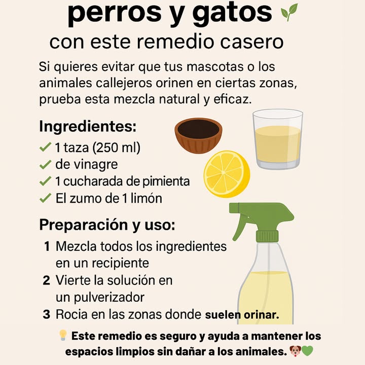 Adiós a la orina de perros y gatos con este remedio casero Si quieres evitar que tus mascotas o los animales callejeros orinen en ciertos lugares, prueba esta mezcla natural y efectiva. Ingredientes: 1 taza de vinagre 1 cucharada de pimienta El jugo de 1 limón 1 taza de agua Preparación y uso: 1 Mezcla todos los ingredientes en un recipiente. 2 Vierte la solución en un atomizador. 3 Rocía en las áreas donde suelen hacer pipí. Este remedio es seguro y ayudará a mantener los espacios limpios sin dañar a los animalitos.