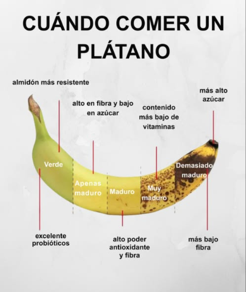 Cuándo deberías comer un plátano? Todo depende de tus metas nutricionales Verde Almidón resistente Ideal para probióticos y digestión lenta Apenas maduro Alto en fibra, bajo en azúcar Excelente para saciedad y energía constante Maduro Buen equilibrio entre antioxidantes y fibra Perfecto para energía sostenida Muy maduro Menos vitaminas Sabor más dulce y textura suave Demasiado maduro Mayor contenido de azúcar, menos fibra Genial para postres o batidos naturales Cada etapa tiene beneficios únicos!