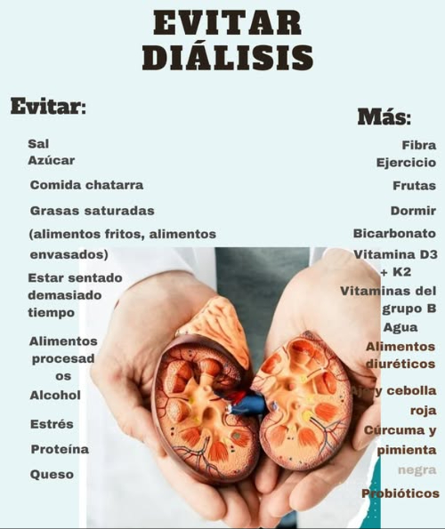 EVITAR DIÁLISIS Evita: - Sal 蓼 - Azúcar - Comida chatarra - Grasas saturadas fritos, envasados - Estar sentado por mucho tiempo - Alimentos procesados - Alcohol - Estrés - Exceso de proteína - Queso 燎 Más: - Fibra - Ejercicio - Frutas - Dormir bien - Bicarbonato - Vitamina D3 K2 - Vitaminas del grupo B - Agua - Alimentos diuréticos - Ajo y cebolla roja 龍暈 - Cúrcuma y pimienta negra - Probióticos 復