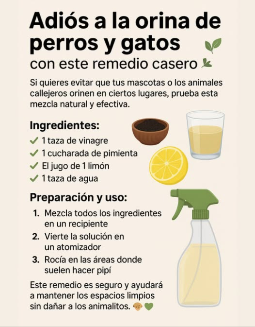 Adiós a la orina de perros y gatos con este remedio casero Si quieres evitar que tus mascotas o los animales callejeros orinen en ciertos lugares, prueba esta mezcla natural y efectiva. Ingredientes: 1 taza de vinagre 1 cucharada de pimienta El jugo de 1 limón 1 taza de agua Preparación y uso: 1 Mezcla todos los ingredientes en un recipiente. 2 Vierte la solución en un atomizador. 3 Rocía en las áreas donde suelen hacer pipí. Este remedio es seguro y ayudará a mantener los espacios limpios sin dañar a los animalitos.