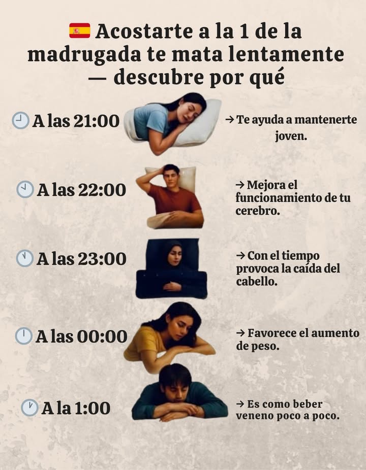 La hora de dormir influye directamente en la salud Dormir temprano favorece el equilibrio hormonal, la regeneración celular y el descanso mental. Acostarse tarde altera el metabolismo, el estado de ánimo y la concentración. Acostarse a las 21:00 Favorece la regeneración y ayuda a preservar la juventud. Acostarse a las 22:00 Estimula las funciones cerebrales y mejora la memoria. Acostarse a las 23:00 Puede provocar una caída del cabello relacionada con un desequilibrio hormonal. Acostarse a medianoche Favorece el aumento de peso y desregula el metabolismo. Acostarse a la 1:00 Afecta la función celular y acelera el envejecimiento. Un ritmo de sueño regular y acostarse antes de las 23:00 permiten al cuerpo regenerarse mejor y mantener una salud óptima.