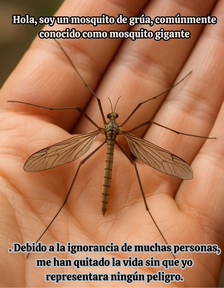 Hola, soy un mosquito de grúa, comúnmente conocido como mosquito gigante. Debido a la ignorancia de muchas personas, me han quitado la vida sin que yo representara ningún peligro. No chupo sangre, no soy un vampiro. Me alimento del néctar de las flores y ayudo con la polinización, solo cumpliendo con mi deber natural. Ahora que me conoces, por favor, no me mates.