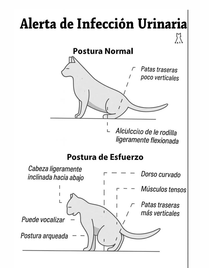 Alerta de Infección Urinaria en Gatos 

La postura de un gato puede indicar problemas urinarios.
Una postura normal muestra patas traseras poco verticales y articulaciones relajadas.
En cambio, una postura de esfuerzo presenta cabeza inclinada hacia abajo, dorso curvado, músculos tensos, patas traseras más verticales y posible vocalización.

Reconocer estos signos ayuda a actuar a tiempo y proteger la salud de tu felino.