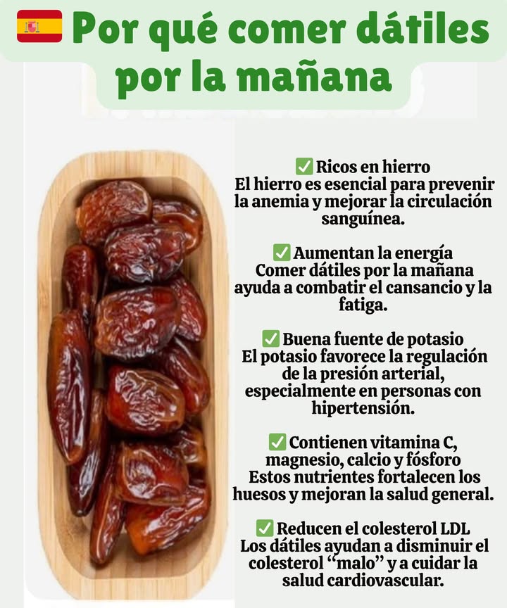 Beneficios de comer dátiles por la mañana Los dátiles son un alimento natural muy nutritivo que aporta energía y favorece diversas funciones del organismo. Incluirlos en el desayuno o como primer alimento del día puede mejorar la salud general. Ricos en hierro Ayudan a prevenir la anemia y a mantener una buena circulación sanguínea. Aumentan la energía Reducen la fatiga y mejoran el estado físico y mental desde las primeras horas del día. Fuente de potasio Contribuyen al equilibrio de la presión arterial y son beneficiosos para el corazón. Aporte de minerales esenciales Contienen magnesio, calcio, fósforo y vitamina C, que fortalecen los huesos y el sistema nervioso. Cuidan el corazón Ayudan a disminuir el colesterol LDL, conocido como colesterol malo, y favorecen la salud cardiovascular. Un alimento sencillo, natural y completo para comenzar el día con bienestar.