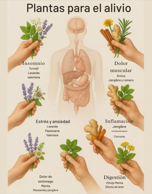 Plantas que Alivian tu Cuerpo y Mente La naturaleza tiene la respuesta! Estas plantas medicinales pueden ayudarte a aliviar dolencias comunes de forma natural y efectiva. Insomnio: Melisa, Valeriana, Lavanda Estrés y Ansiedad: Lavanda, Pasiflora, Valeriana 濫 Dolor de Estómago: Menta, Manzanilla, Jengibre Digestión: Hinojo, Menta, Diente de león Inflamación: Jengibre, Corteza de sauce, Cúrcuma Dolor Muscular: Árnica, Jengibre, Romero Cultiva salud en tu jardín y en tu cuerpo. Guarda esta guía Compártela con quienes buscan remedios naturales #PlantasMedicinales #SaludNatural
