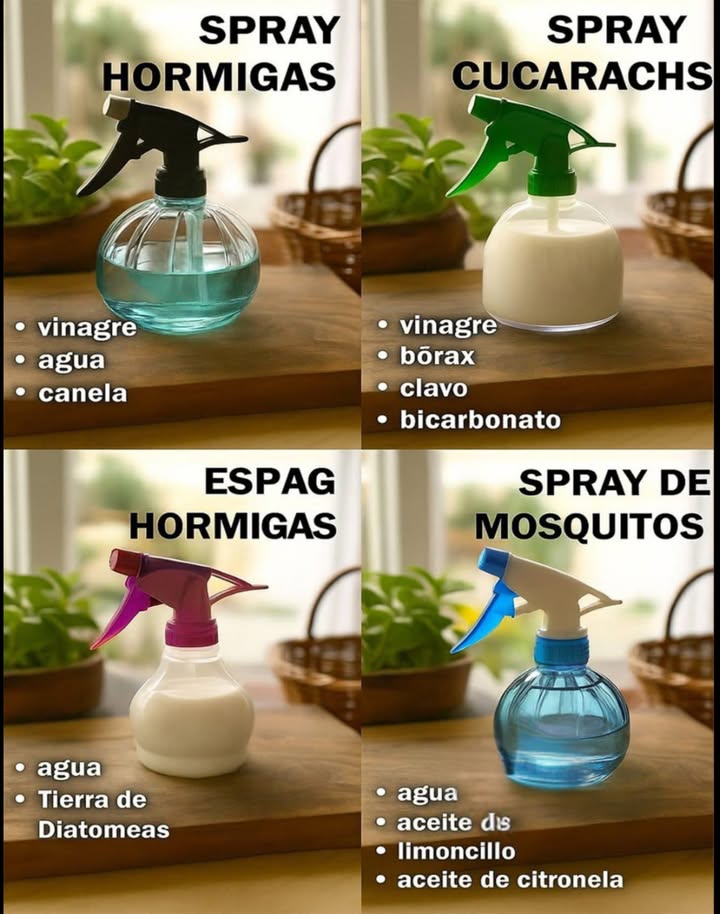 林 Repelentes Caseros Naturales para Insectos en el Hogar Fáciles de hacer con ingredientes que tienes a mano: Spray para hormigas opción 1 Ingredientes: Vinagre Agua Canela Spray para hormigas opción 2 Ingredientes: Agua Tierra de diatomeas 荒 Spray para cucarachas Ingredientes: Vinagre Bórax Clavo Bicarbonato 烈 Spray para mosquitos Ingredientes: Agua Aceite de limoncillo Aceite de citronela Estos preparados naturales son ideales para mantener tu hogar libre de plagas sin necesidad de productos químicos agresivos.