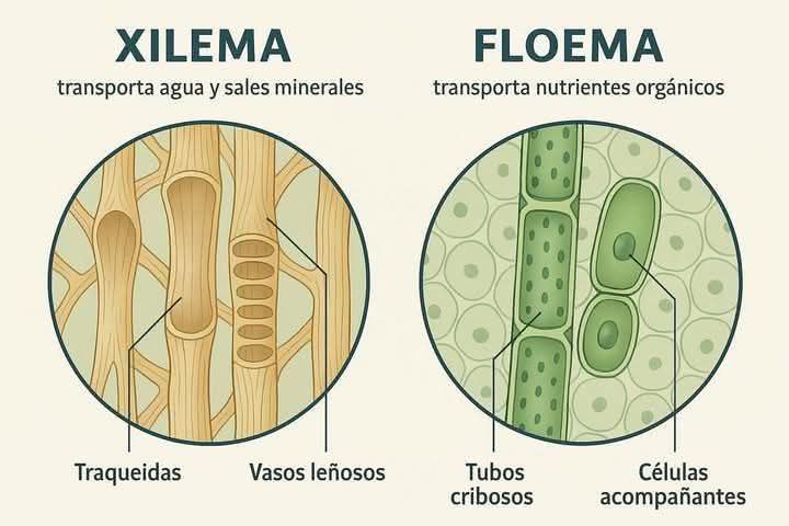 XILEMA Y FLOEMA 1. Xilema: Es un tejido vascular vegetal que transporta agua y sales minerales desde las raíces hacia las hojas y otras partes de la planta. Está compuesto por células muertas al madurar como traqueidas y vasos leñosos, y también da soporte estructural a la planta. 2. Floema: Es el tejido encargado de transportar los nutrientes orgánicos principalmente azúcares como la sacarosa producidos en la fotosíntesis desde las hojas a otras partes de la planta. Está compuesto por células vivas como los tubos cribosos y células acompañantes.