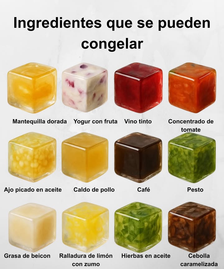 流 Ingredientes que puedes congelar para aprovechar al máximo tu cocina Mantequilla dorada lista para saltear o añadir sabor a tus platos. Yogur con fruta perfecto para batidos o postres fríos. Vino tinto ideal para salsas y guisos. Concentrado de tomate conserva su sabor intenso por meses. 龍 Ajo picado en aceite práctico para cocinar rápido. Caldo de pollo úsalo directamente en sopas o risottos. Café perfecto para frappés o recetas dulces. Pesto guarda su frescura sin perder aroma. 肋 Grasa de beicon añade sabor a guisos y verduras. Ralladura de limón con zumo ideal para repostería o marinados. Hierbas en aceite conserva perejil, albahaca o romero. 暈 Cebolla caramelizada lista para hamburguesas o tapas. Usa cubiteras de silicona y guarda los cubos congelados en bolsas herméticas con etiqueta.
