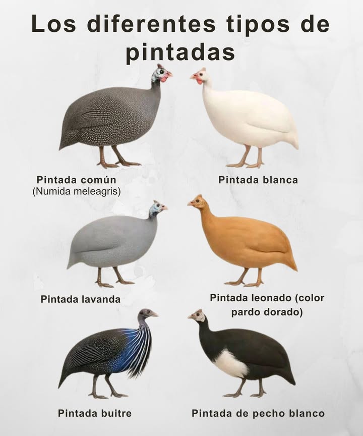 Conoce los tipos más llamativos de pintadas 
Aves exóticas, elegantes y llenas de personalidad

 Pintada común Numida meleagris
Plumaje moteado y temperamento alerta.

 Pintada blanca
Color puro y aspecto distinguido.

 Pintada lavanda
Tono gris claro que resalta en cualquier corral.

 Pintada leonado
Color dorado cálido y poco común.

 Pintada buitre
Diseño espectacular con rayas azules y negras.

 Pintada de pecho blanco
Contraste elegante entre blanco y negro profundo.

 Ideal para criar en libertad o admirar su belleza única.