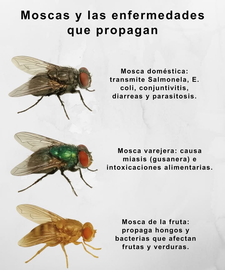 練 Moscas y las enfermedades que propagan

Pequeñas, pero peligrosas: las moscas pueden transportar cientos de microorganismos en sus patas y cuerpo, contaminando alimentos y superficies.

 Mosca doméstica: transmite Salmonela, E. coli, conjuntivitis, diarreas y parasitosis.
 Mosca varejera: causa miasis gusanera e intoxicaciones alimentarias.
 Mosca de la fruta: propaga hongos y bacterias que afectan frutas y verduras.

 Prevención esencial:
Mantén la cocina limpia, cubre los alimentos, vacía la basura con frecuencia y usa trampas o repelentes naturales.

Un hogar limpio es el mejor escudo contra las moscas y las enfermedades que llevan. 識

#Moscas #SaludHigiene #Prevención 練