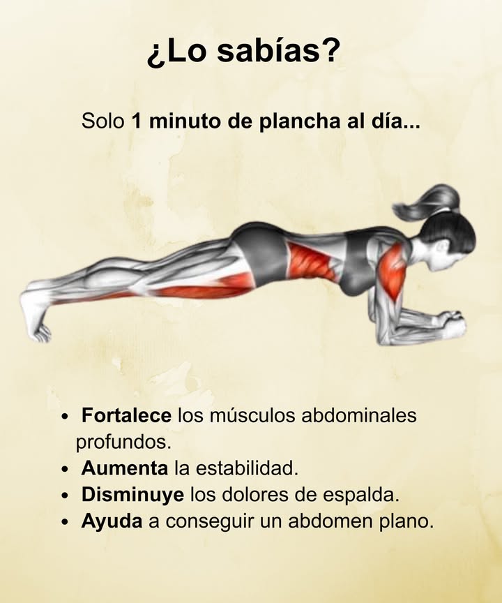 Solo 1 minuto de plancha al día 

 Fortalece los músculos abdominales profundos.
 Aumenta la estabilidad y el equilibrio corporal.
 Disminuye los dolores de espalda.
 Ayuda a conseguir un abdomen firme y definido.

 Un ejercicio breve, poderoso y perfecto para mantener el cuerpo fuerte y alineado.