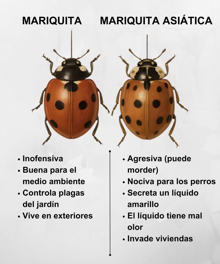 者 MARIQUITA vs. MARIQUITA ASIÁTICA: Aprende a diferenciarlas Mariquita nativa Inofensiva y beneficiosa Amiga del medio ambiente Controla plagas del jardín Prefiere vivir en exteriores Mariquita asiática invasora Agresiva: puede morder Peligrosa para los perros Libera un líquido amarillo con mal olor Se esconde en casas durante el frío Protege tu jardín y tu hogar conociendo a estas pequeñas aliadas o enemigas.