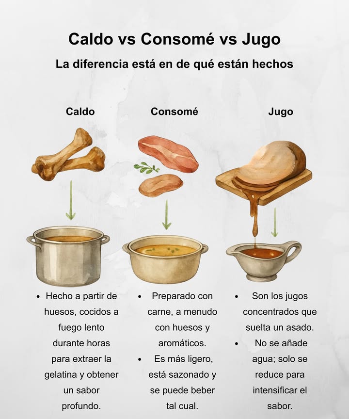 Caldo vs Consomé vs Jugo La diferencia está en de qué están hechos 領 Caldo Hecho a partir de huesos cocidos a fuego lento durante horas. Extrae la gelatina y ofrece un sabor profundo y nutritivo. 數 Consomé Preparado con carne y aromáticos, a veces con huesos. Es más ligero, sazonado y se puede beber directamente. Jugo Son los jugos concentrados que suelta un asado. No lleva agua; se reduce para intensificar el sabor.