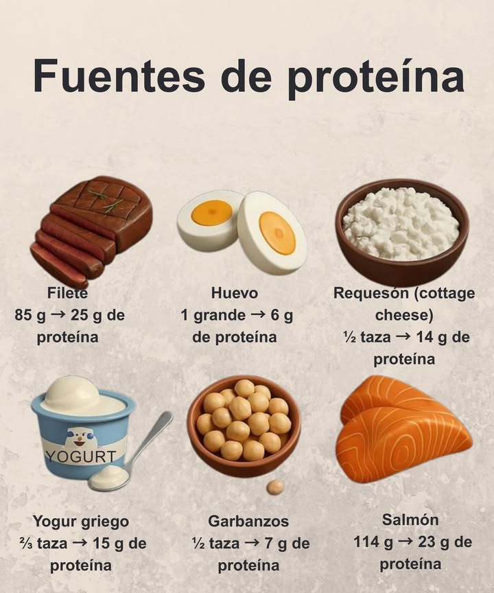 Fuentes de proteína para una dieta equilibrada 數 Filete 85 g 25 g de proteína 讀 Huevo 1 grande 6 g de proteína 燎 Requesón taza 14 g de proteína 拏 Yogur griego taza 15 g de proteína Garbanzos taza 7 g de proteína Salmón 114 g 23 g de proteína Potencia tu energía y fortalece tus músculos con alimentos ricos en proteína.