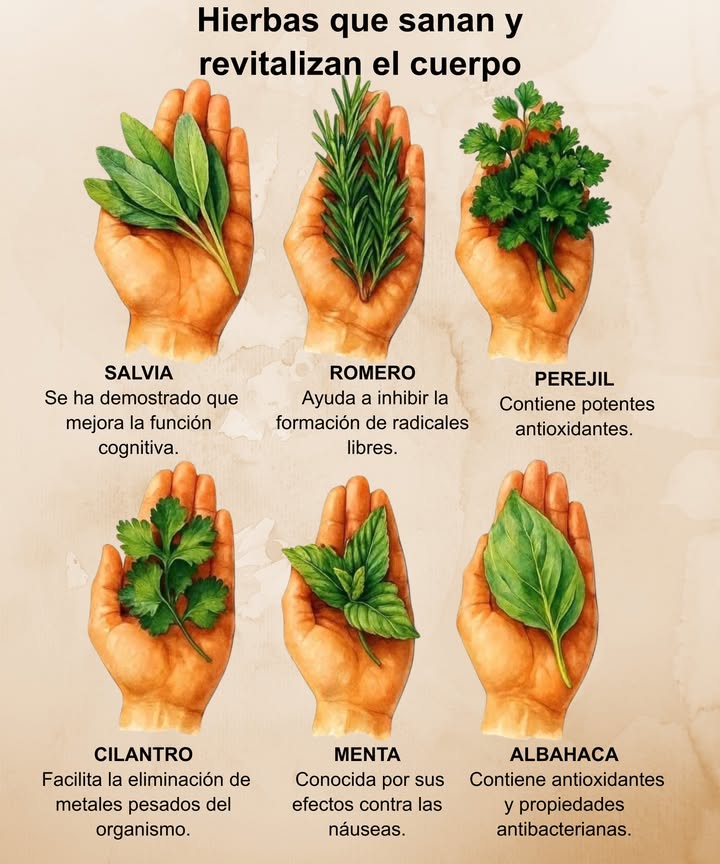 Hierbas que sanan y revitalizan el cuerpo Salvia Mejora la función cognitiva y estimula la memoria. Romero Inhibe la formación de radicales libres y fortalece el sistema inmune. Perejil Fuente natural de antioxidantes que depuran y revitalizan. Cilantro Ayuda a eliminar metales pesados del organismo. Menta Alivia las náuseas y refresca el sistema digestivo. Albahaca Rica en antioxidantes, con acción antibacteriana y calmante. Naturaleza en tus manos: cada hoja aporta bienestar, energía y equilibrio.