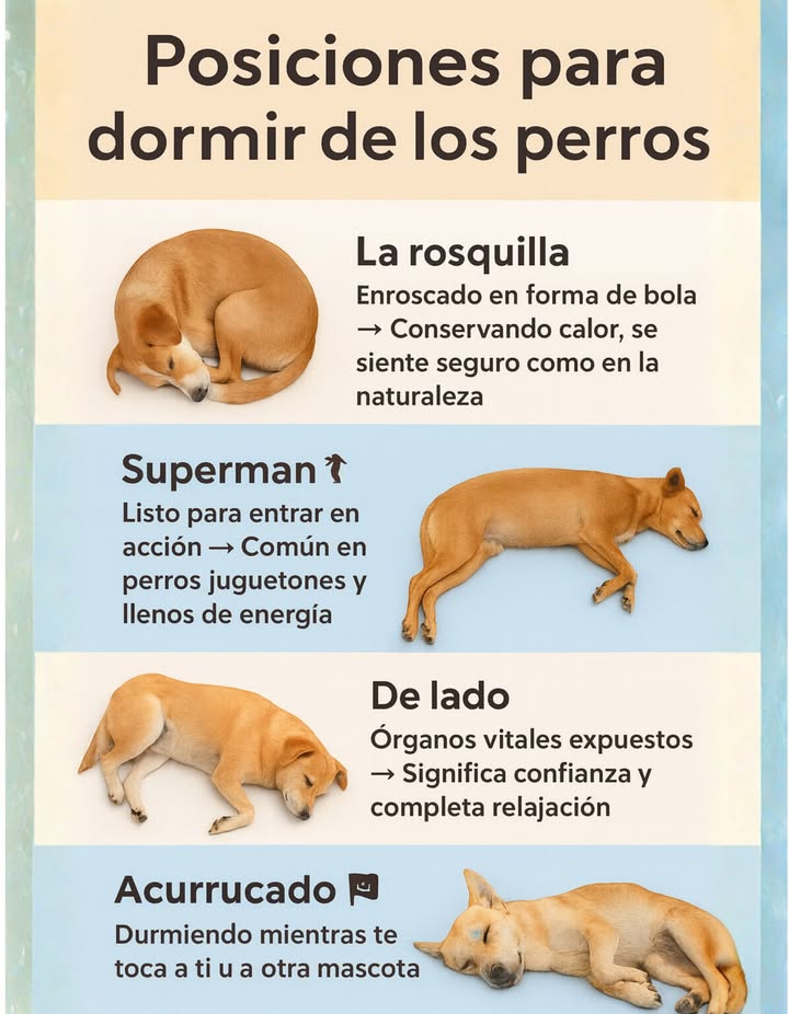 Posiciones para dormir de los perros 

La rosquilla: Enroscado en forma de bola  Conserva el calor y se siente seguro como en la naturaleza.
Superman: Listo para entrar en acción  Común en perros juguetones y llenos de energía.
De lado: Órganos vitales expuestos  Significa confianza y completa relajación.
Acurrucado: Duerme mientras te toca a ti u otra mascota  Muestra cariño y vínculo afectivo.

 Cada posición refleja el estado emocional y físico de tu perro, desde la seguridad hasta la confianza y el amor.