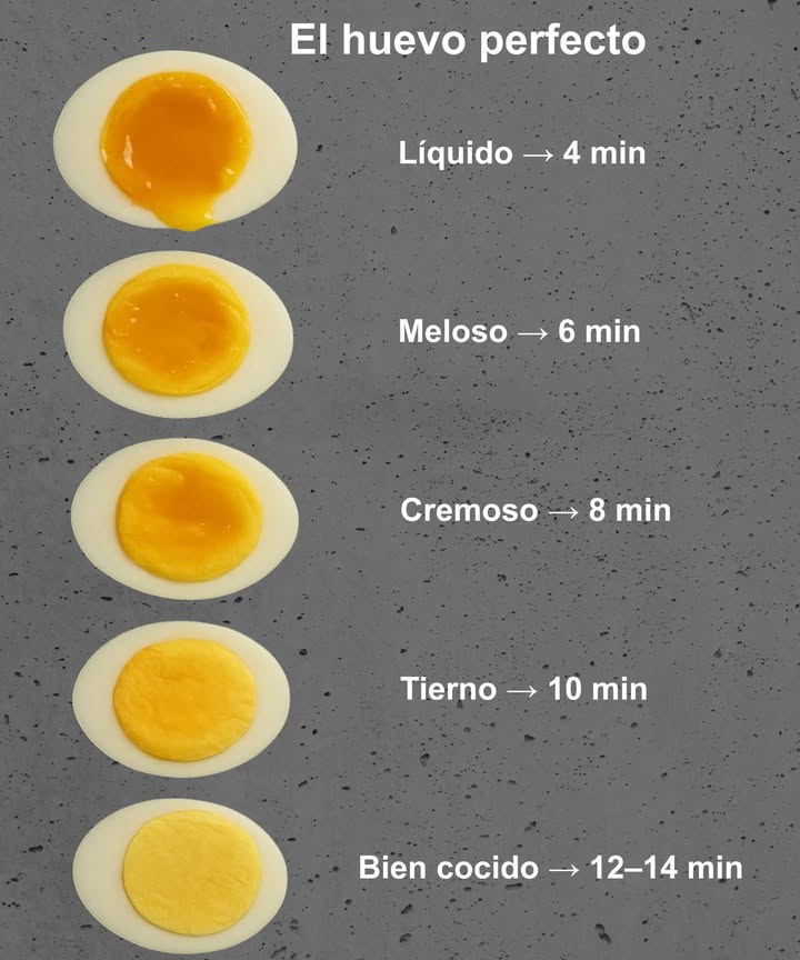 讀 El huevo perfecto según el tiempo de cocción Líquido 4 min ideal para mojar pan Meloso 6 min yema suave y cremosa Cremoso 8 min textura equilibrada Tierno 10 min 綾 perfecto para ensaladas Bien cocido 1214 min firme y clásico Cada minuto cuenta para lograr la textura que más disfrutas.